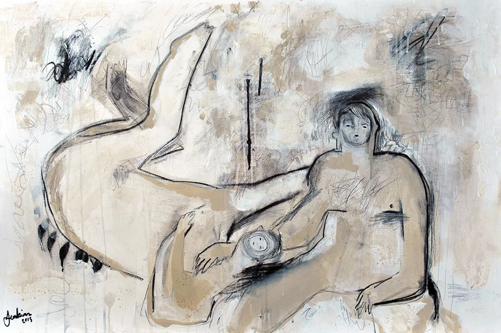 Abstract watercolor painting of a seated woman with long hair, holding a baby, with blurred background and loose sketching lines.