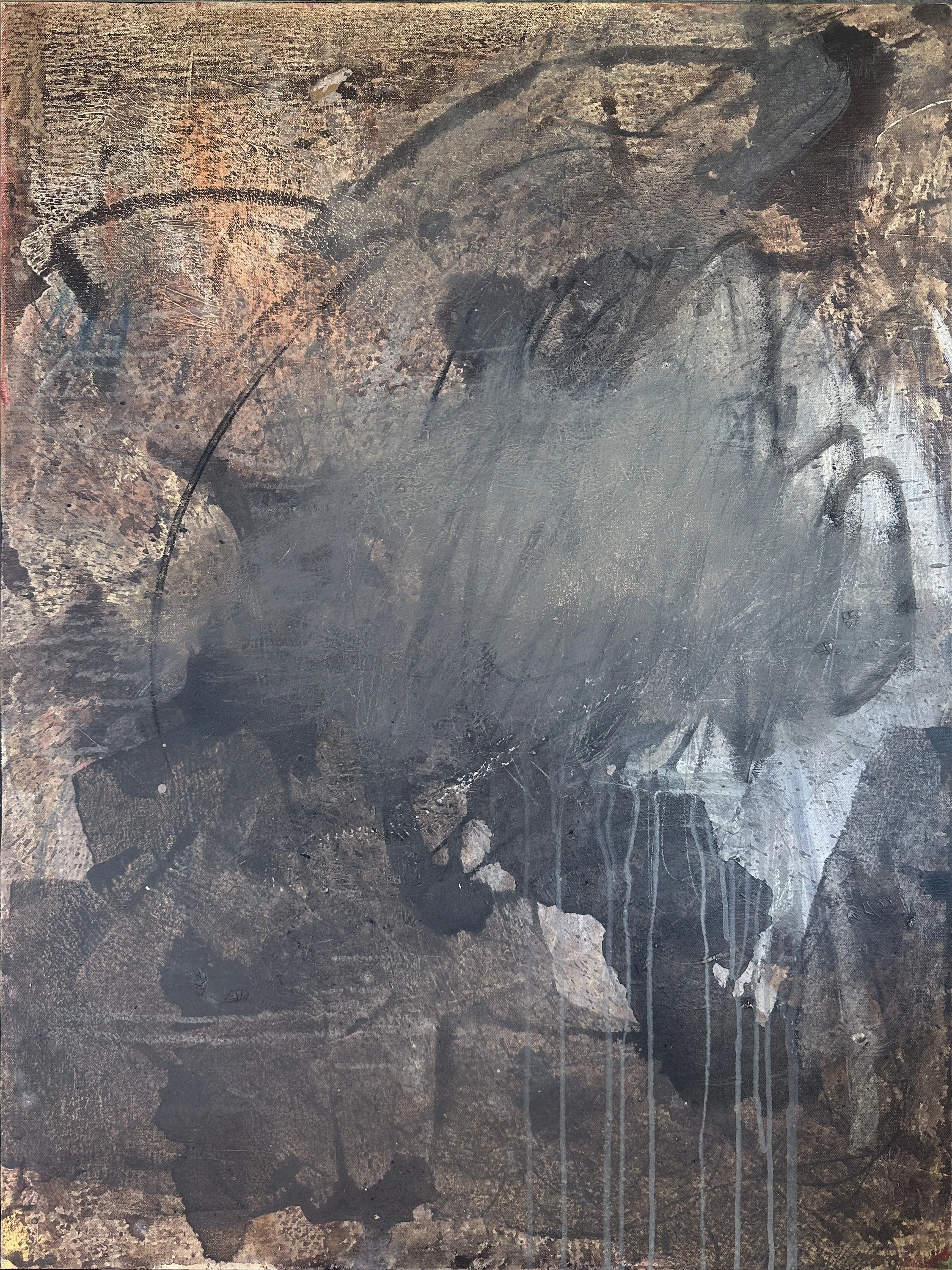 An expressive contemporary abstract art painting by Joshua Jenkins with masculine palette and textures inspired by urban stains.