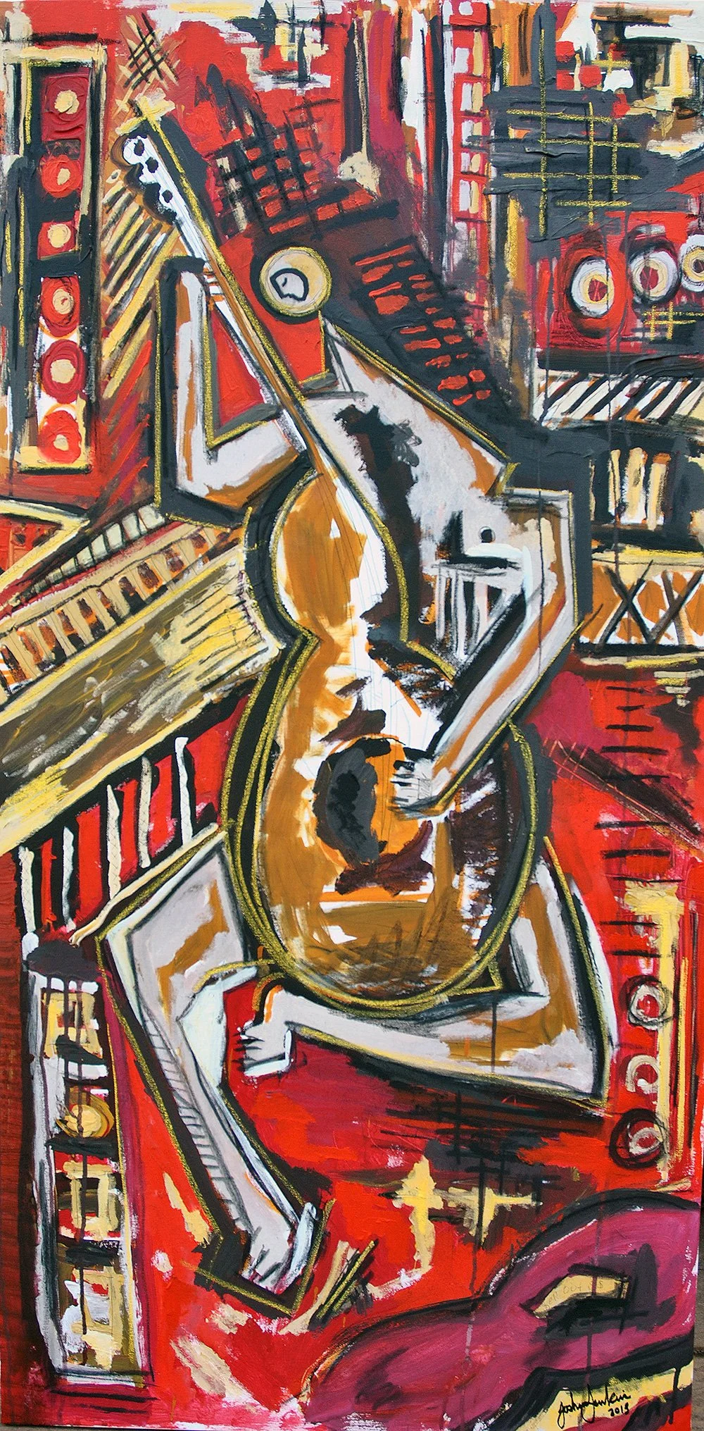 An abstract painting of a person playing the saxophone, surrounded by musical instruments and vibrant cityscape elements in red, yellow, black, and white. Signed by the artist in 2018.