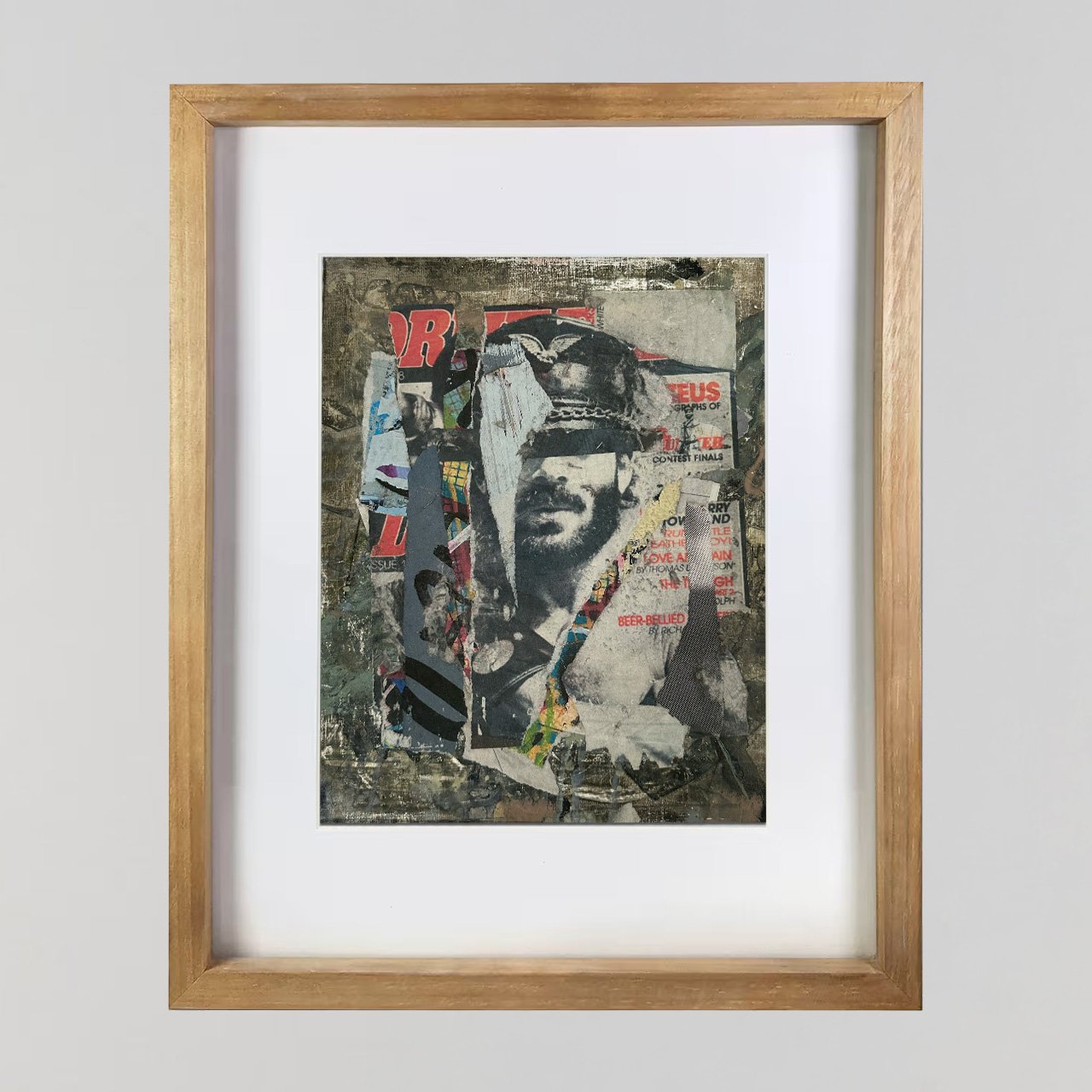 An contemporary mixed media collage by Joshua Jenkins of gay masculine themes inspired by urban decay, gay fetish leather scene.