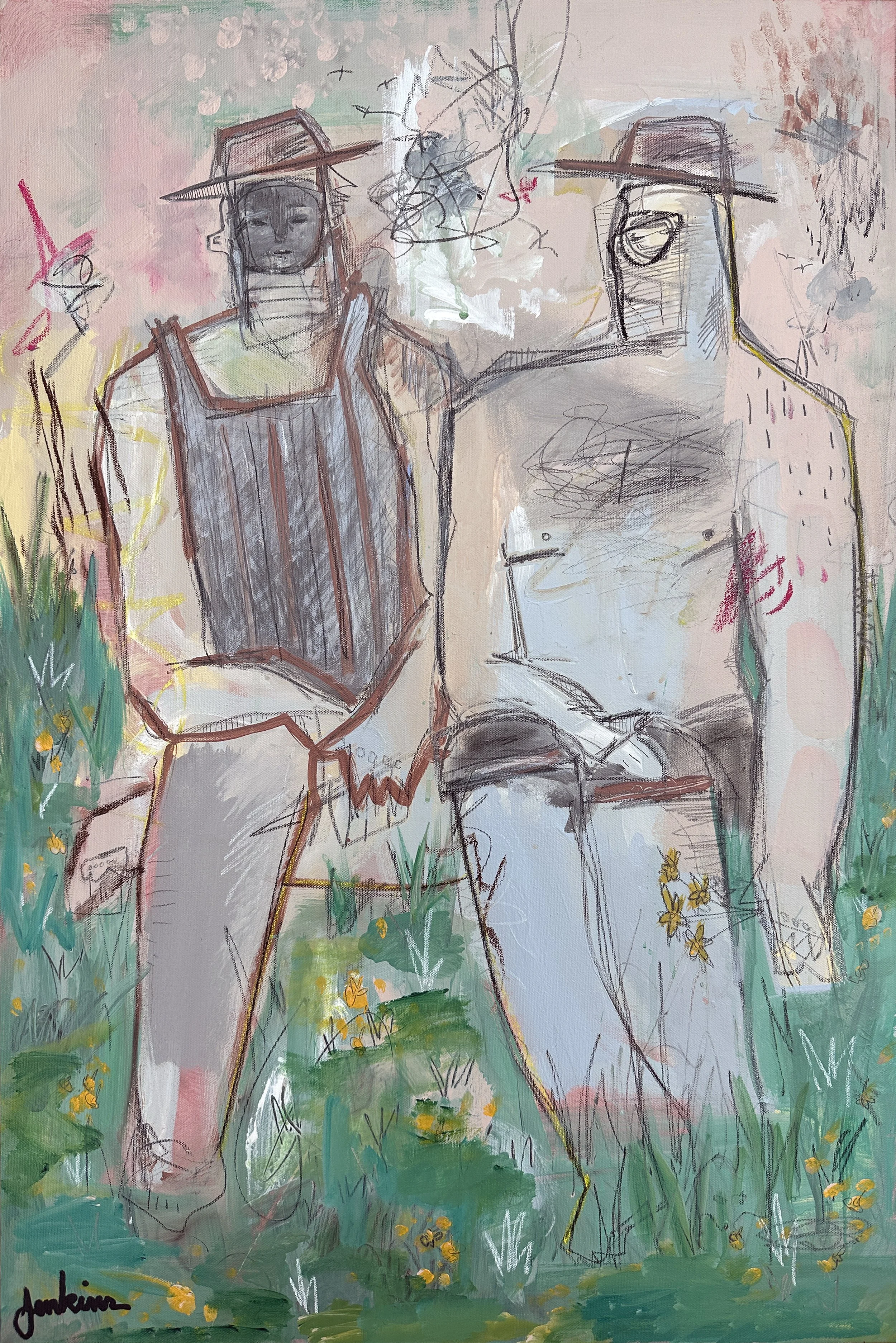 An contemporary abstract painting by Joshua Jenkins of two figures sitting in nature with muted tones