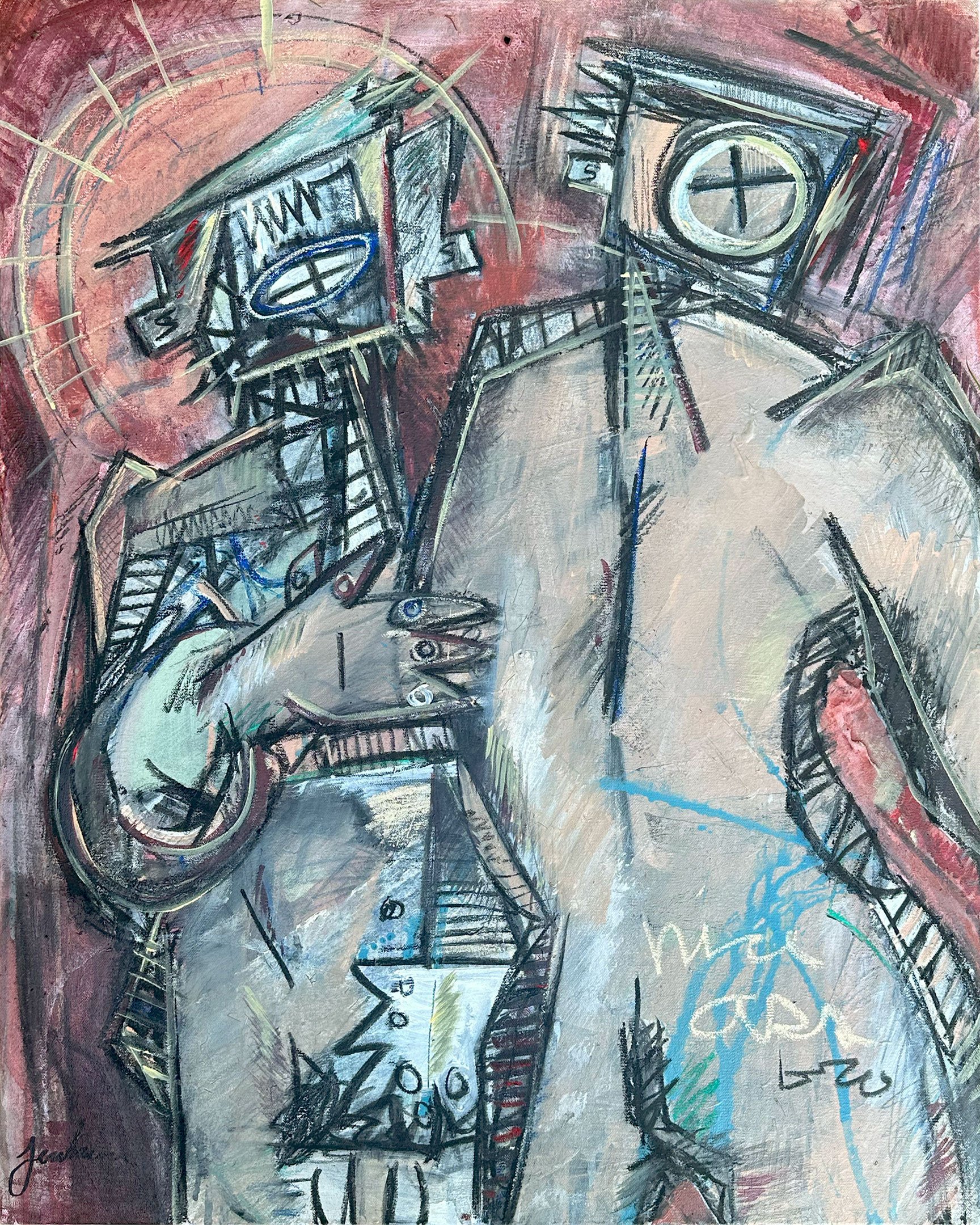 The Locker Room Gaze is an expressive figurative painting of two nude male figures posed with cocky, seductive body language.