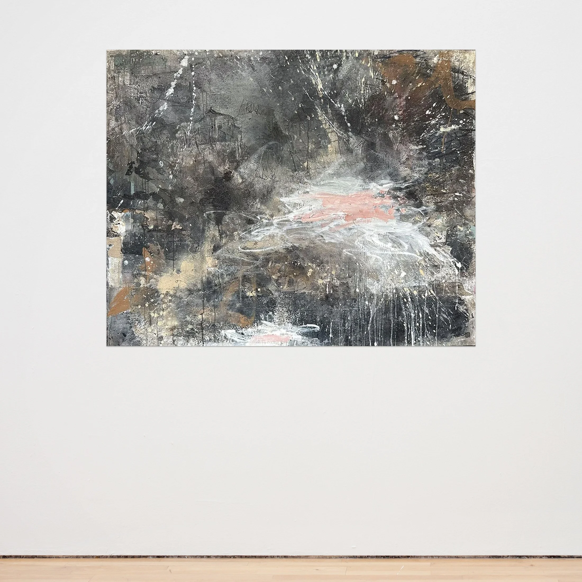 “What Stayed Behind” 48 x 60 x 1.5 in Oil, Acrylic and mixed media on canvas (2025-2026) $3,600.00