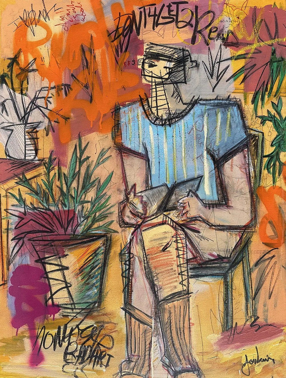 An expressive art painting by Joshua Jenkins of a single figure sitting and reading a book next to some plants, graffiti-like textures and bold colors throughout.
