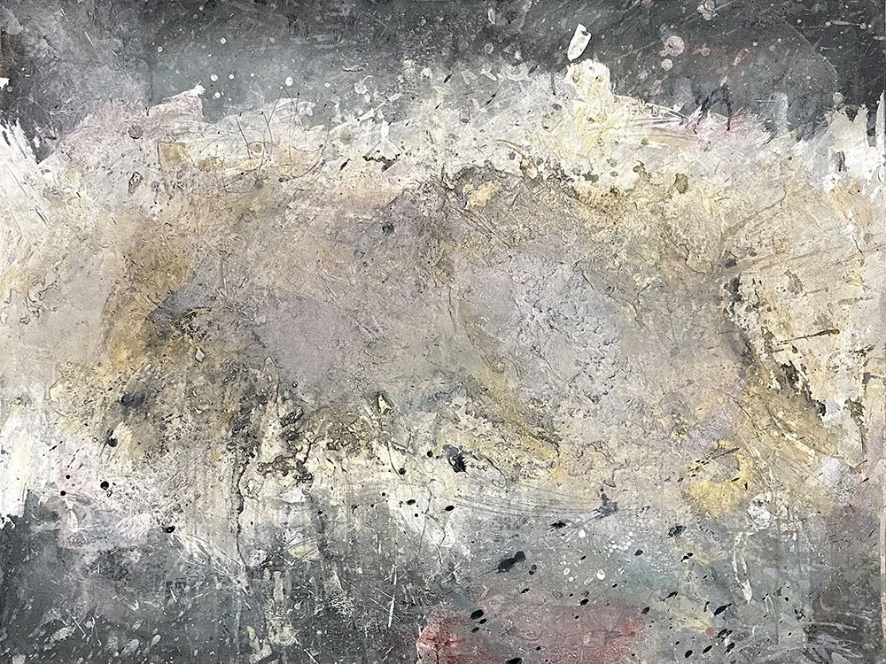 An expressive contemporary abstract art painting by Joshua Jenkins with masculine palette and textures inspired by urban decay.