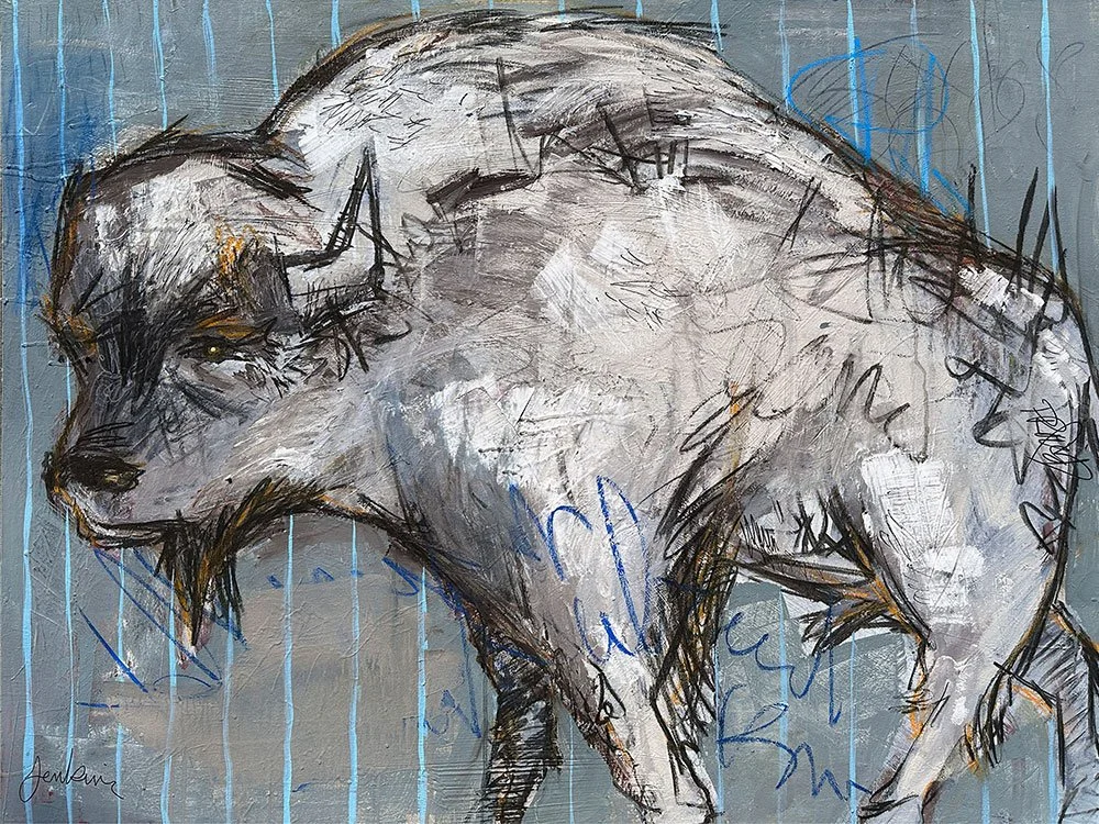 An contemporary abstract painting by Joshua Jenkins of a white bison.