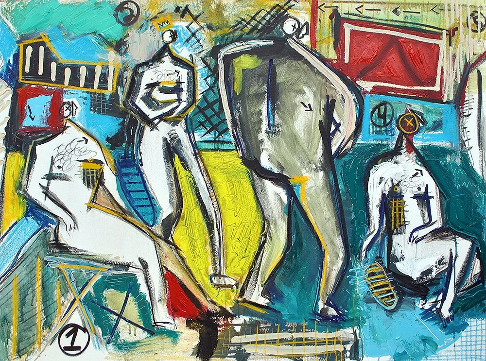 Abstract painting of four human figures, some with crowns, in an indoor setting with chairs, a red rectangle, and colorful background elements.
