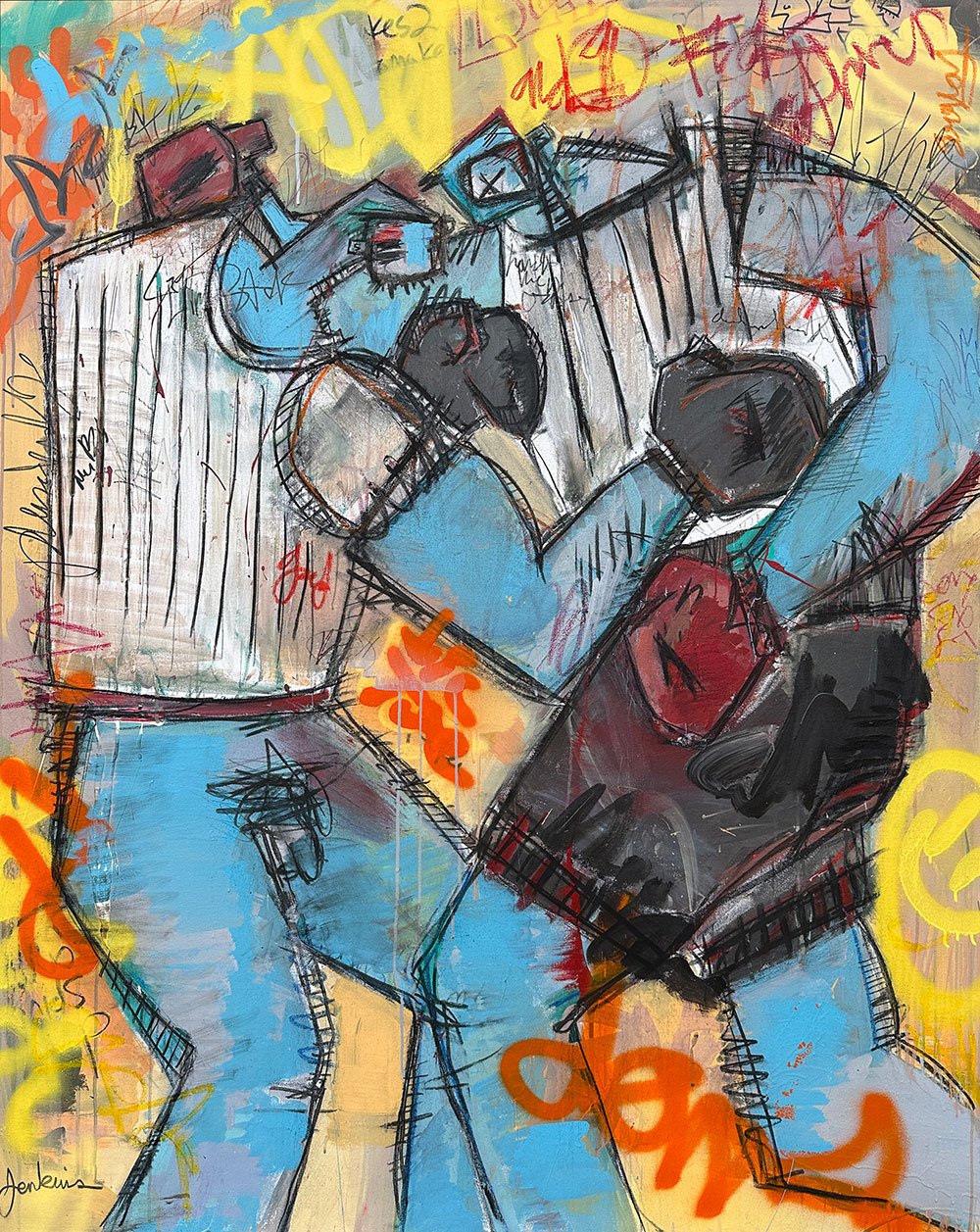 An expressive contemporary art styled painting by Joshua Jenkins of two male blue figure’s boxing one another with graffiti textures and colorful tones throughout.