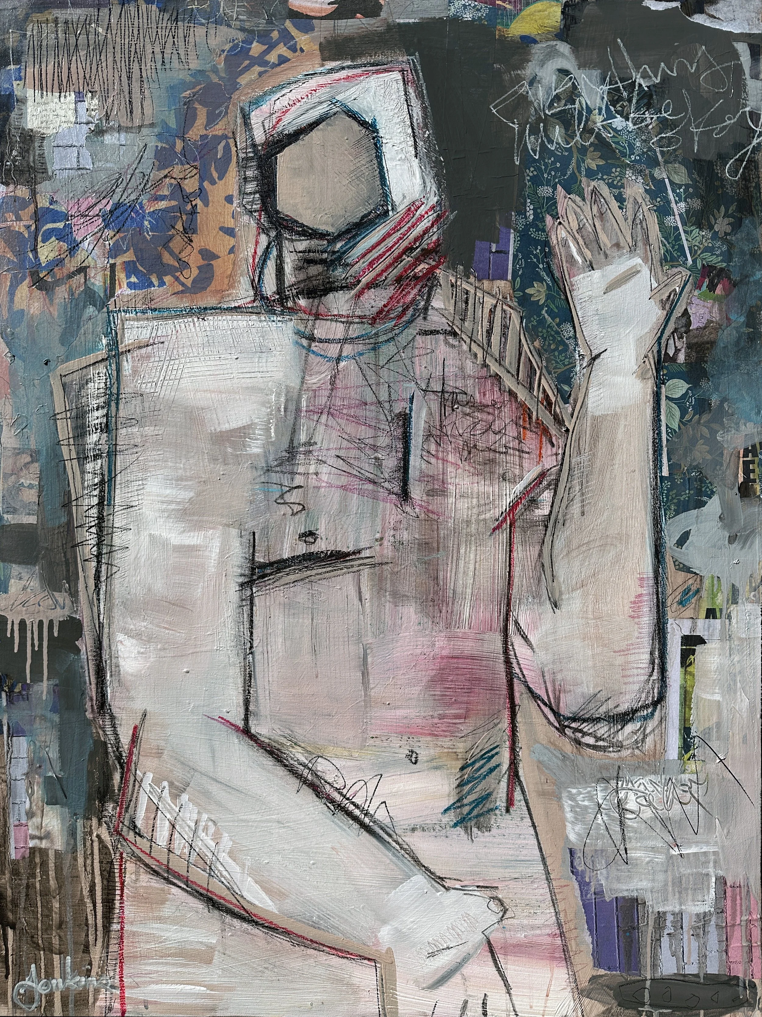An abstract mixed media painting of a masculine figure waving their arms. Background is colorful and made up of patterns and collaged together with paint overlay.
