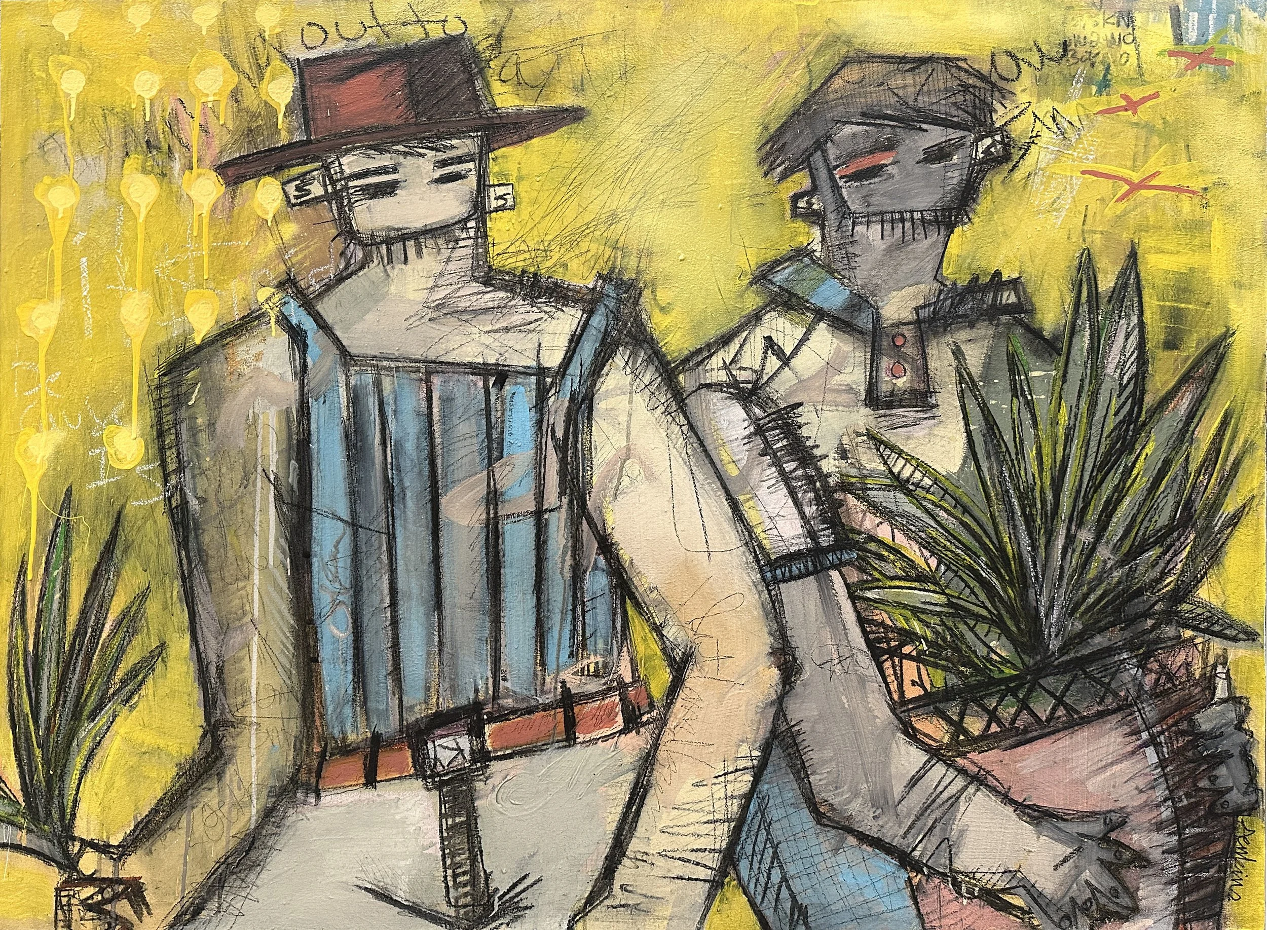 An expressive brut art painting by Joshua Jenkins of two abstract  male figures holding plants, graffiti-like textures and yellow colors throughout.