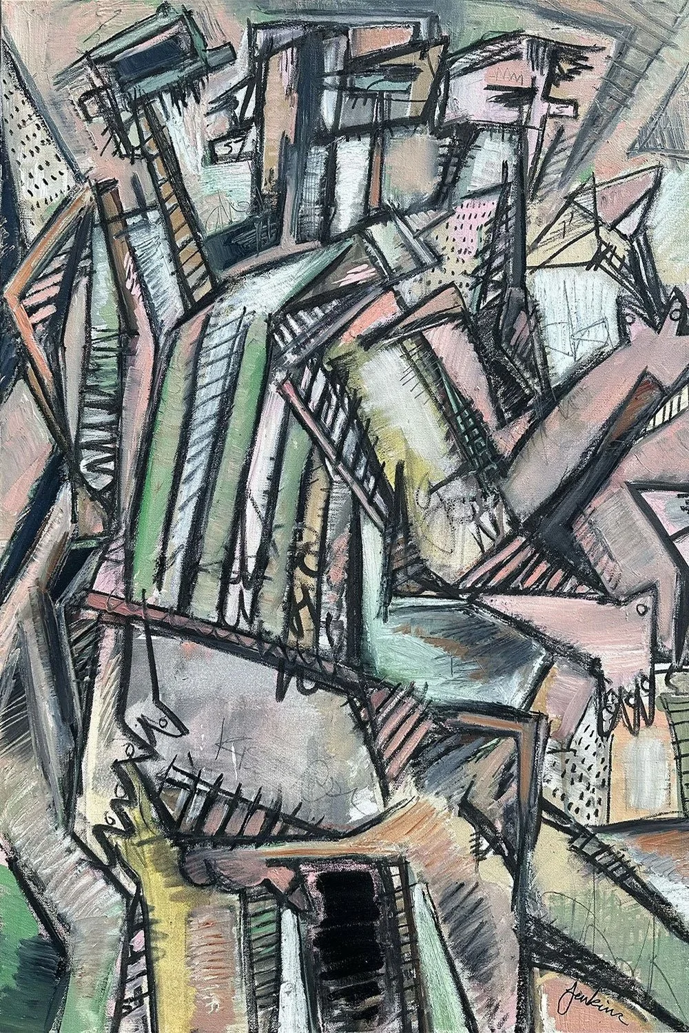 An abstract figurative painting of a man with his pants off while drinking a martini. Influenced by cubism, street art, and expressionism.
