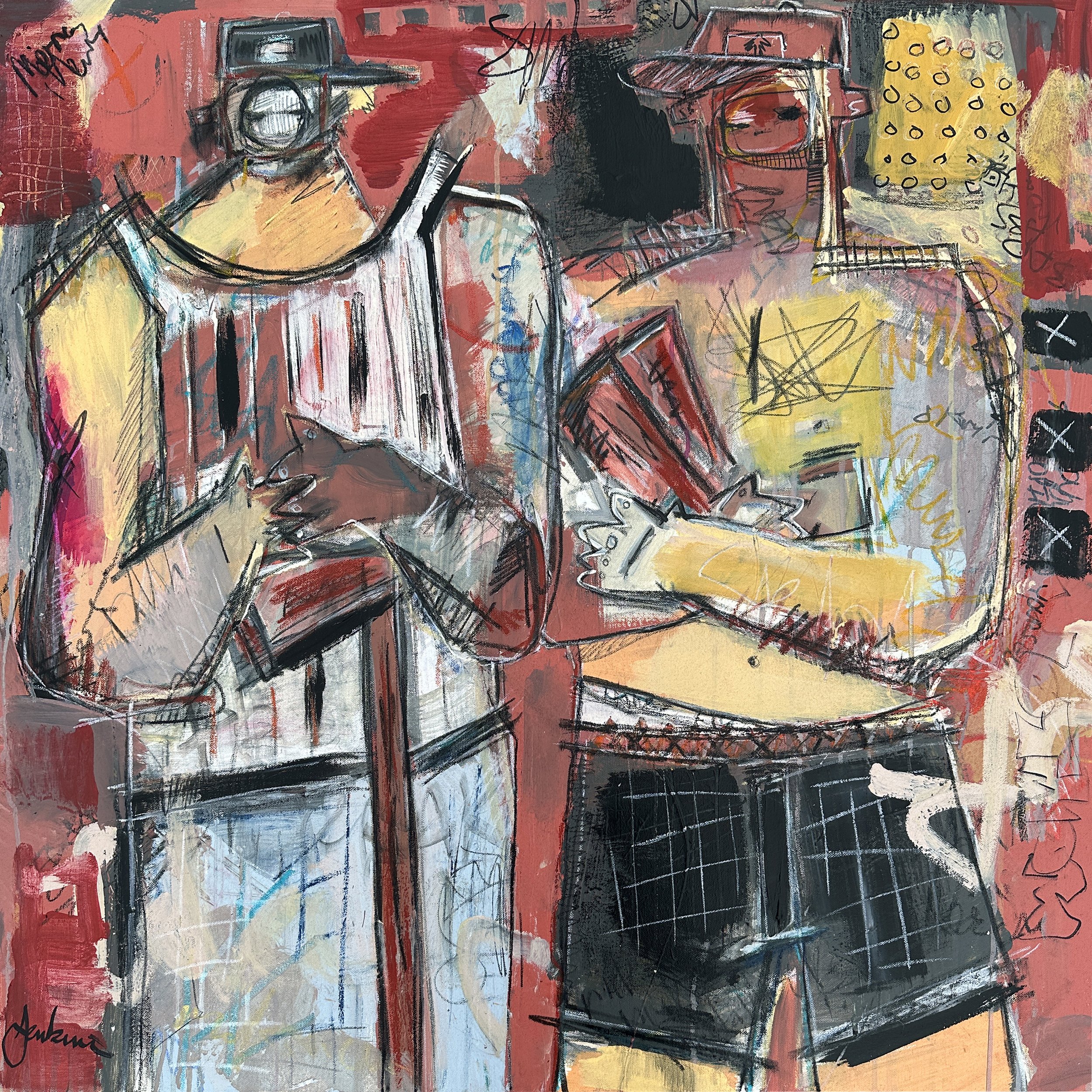 An expressive art painting by Joshua Jenkins of two men positing with an axe and wood, graffiti-like textures, and bold red colors throughout.