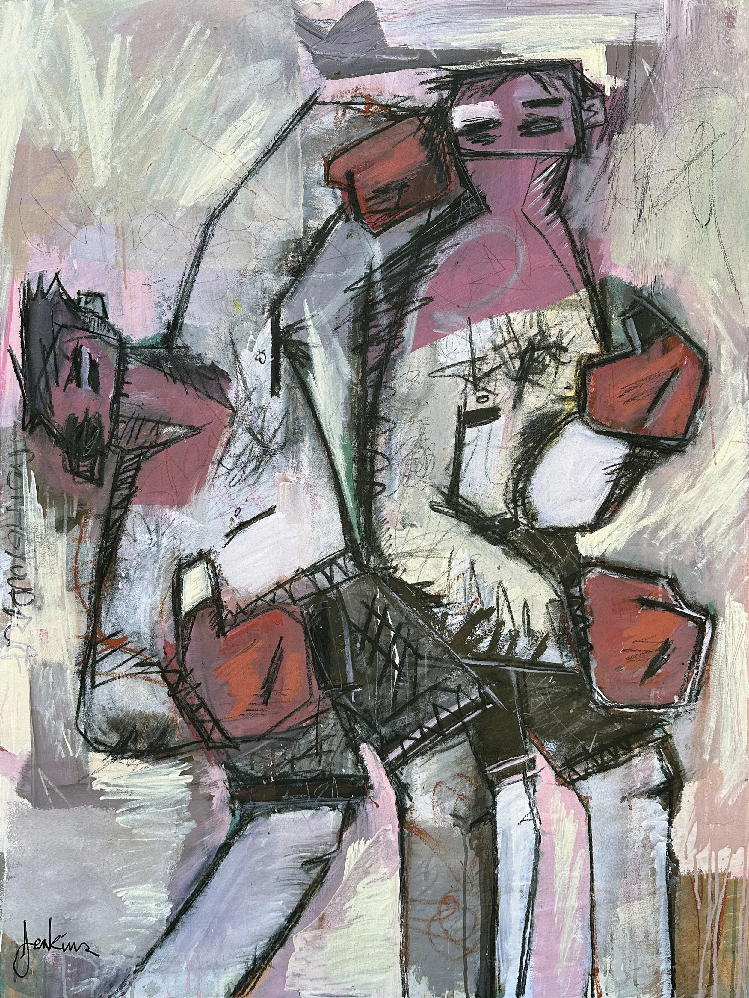 An expressive contemporary art painting by Joshua Jenkins of two abstract figures boxing one another, graffiti-like textures and bold colors throughout.