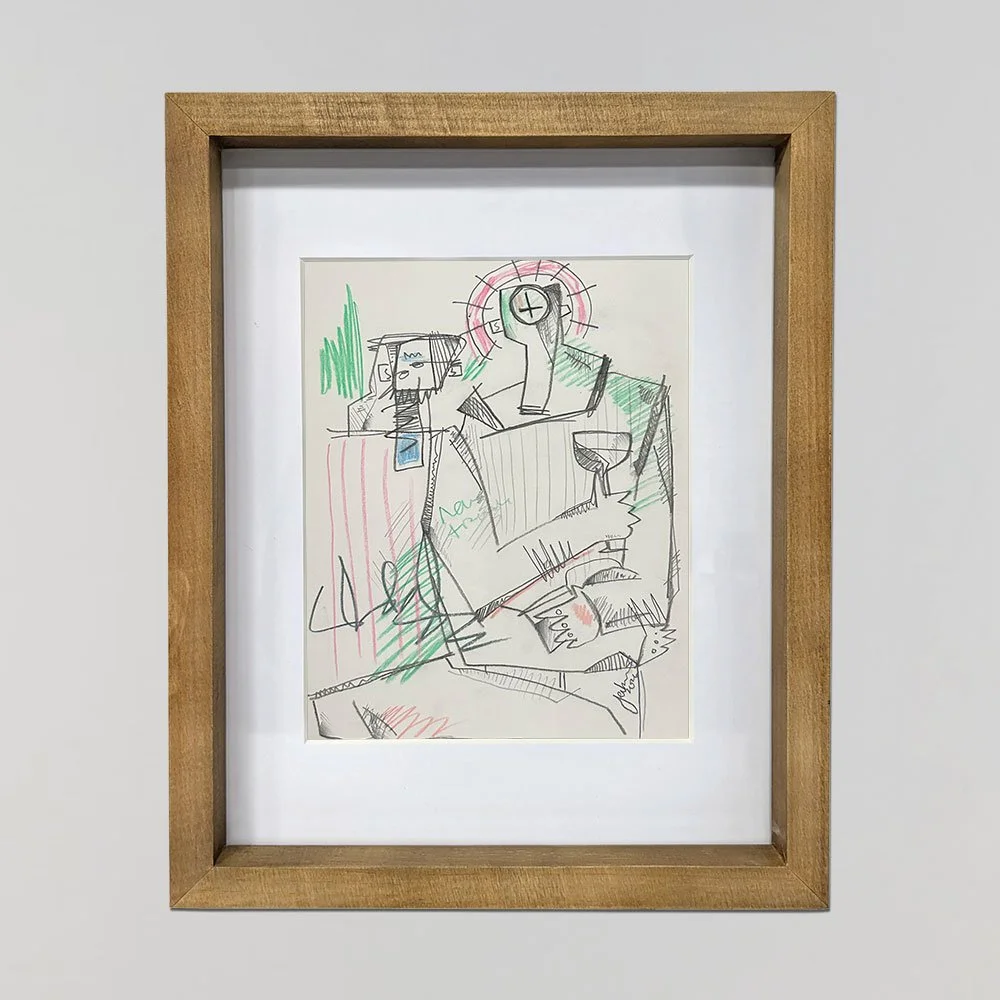 An contemporary abstract drawing by Joshua Jenkins of half naked two male figures drinking.