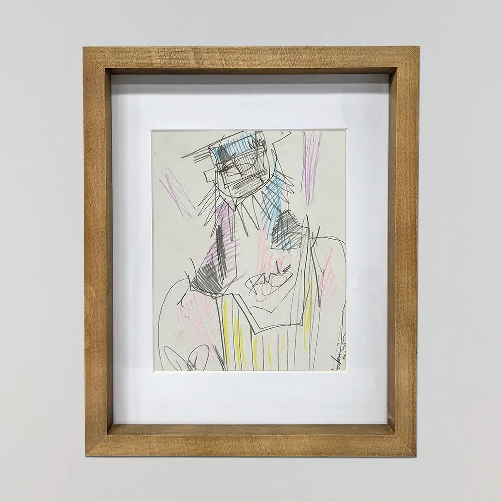 An contemporary abstract drawing by Joshua Jenkins of a portrait of a bearded men in a tank top.