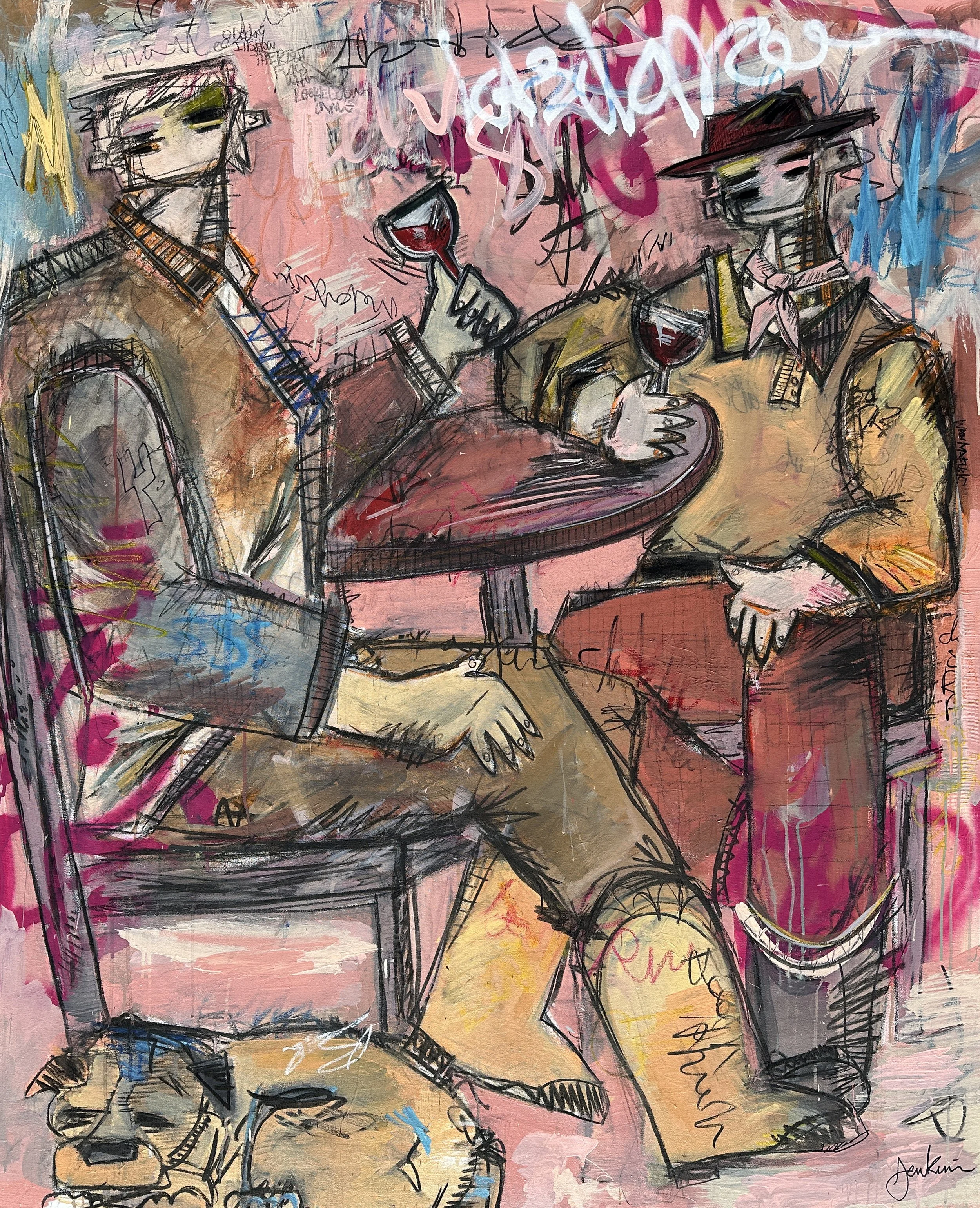Art expressive painting by Joshua Jenkins of two men drinking wine at a table with a sleeping dog and graffiti-like textures, and bold pastel colors throughout.