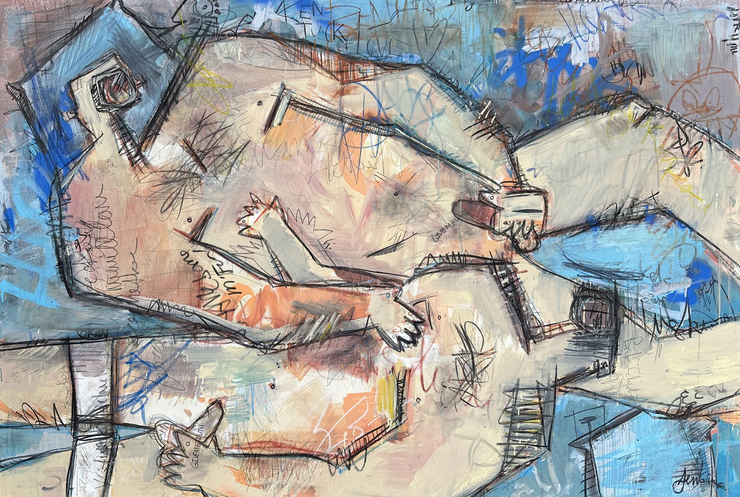 Two nude gay men masturbating one another. Painted in an expressive manor influenced by street art and expressionist movements of the 20th century. These two figures engage in a romantic and platonic group masturbation session with one another.