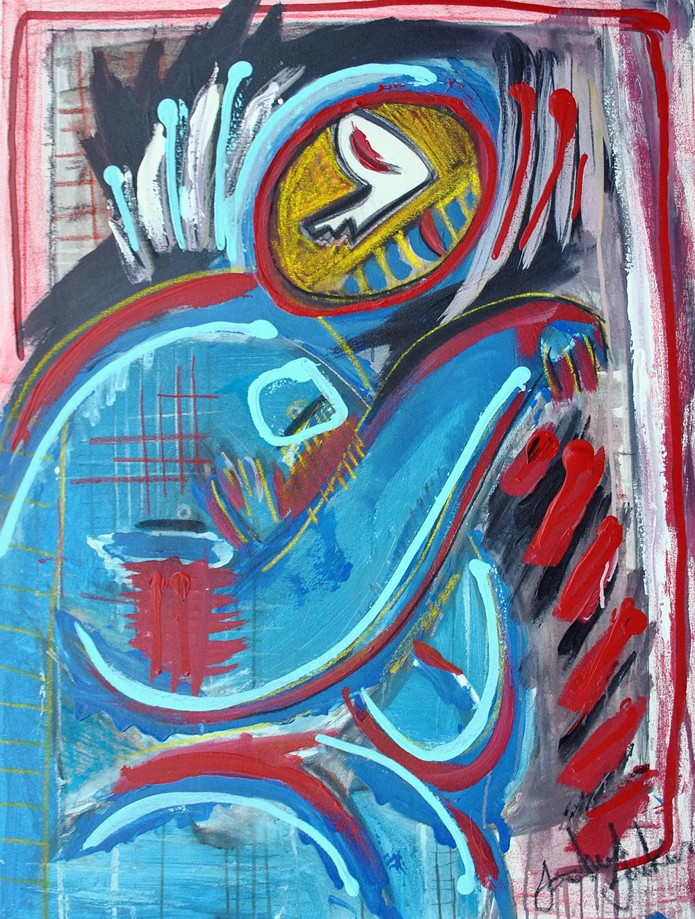 Abstract painting of a person with a gun, rendered in bold brushstrokes and vibrant colors including blue, red, yellow, black, and white.