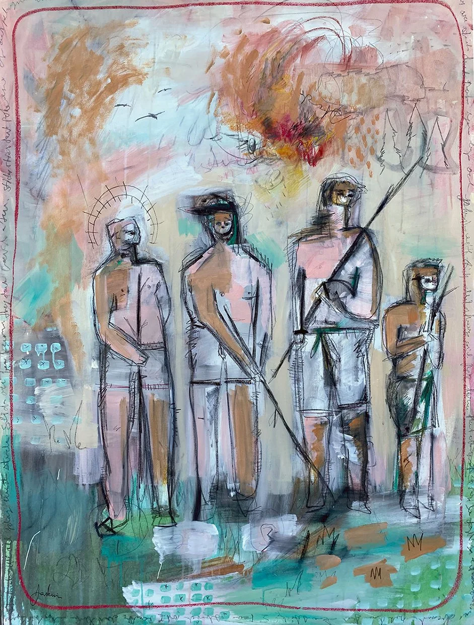 An contemporary abstract painting by Joshua Jenkins of four children like figures playing with sticks,with muted tones throughout.