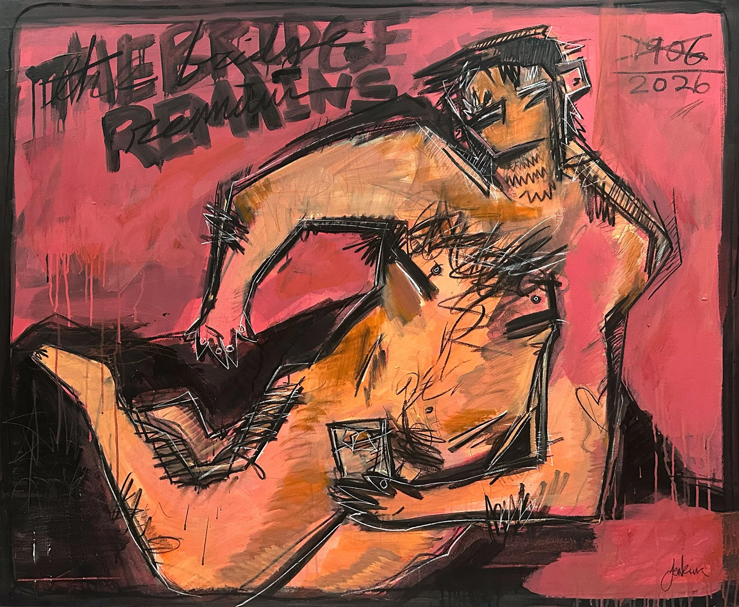 An abstract figurative painting by joshua jenkins as he re-interprets a group poster design by the artist Kirchner for the die brucke show in dresden. This painting is updated with Jenkins' own take on the design.
