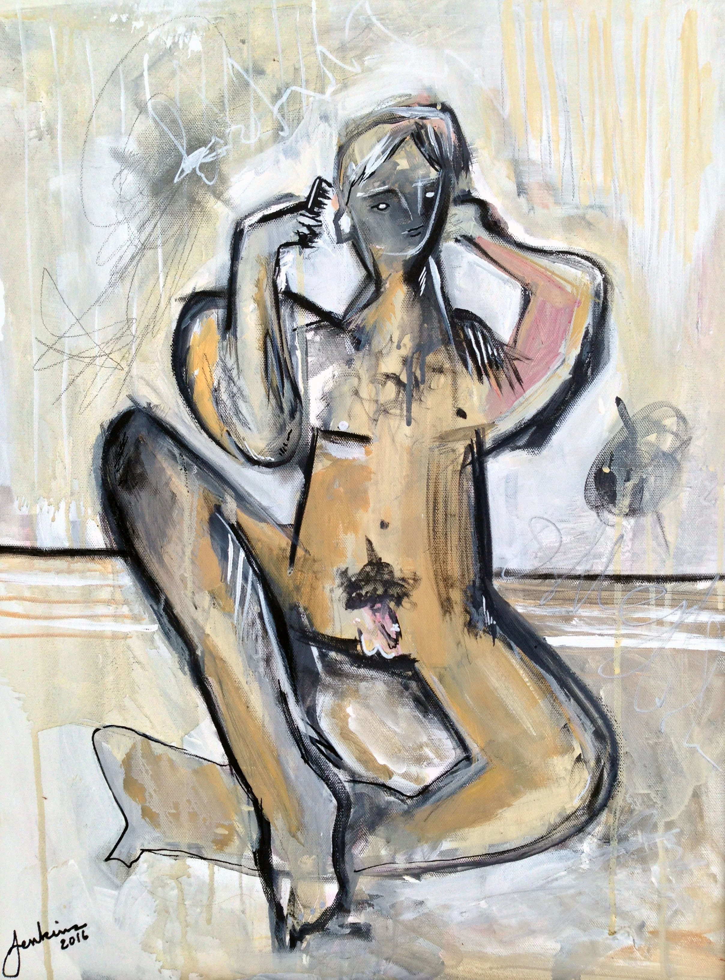 An expressive painting of a nude figure combing his hair