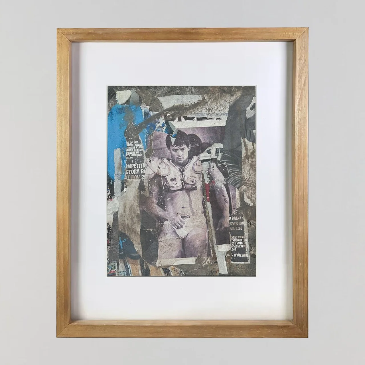 An contemporary mixed media collage by Joshua Jenkins of gay masculine themes inspired by urban decay, vintage jock strap sports.