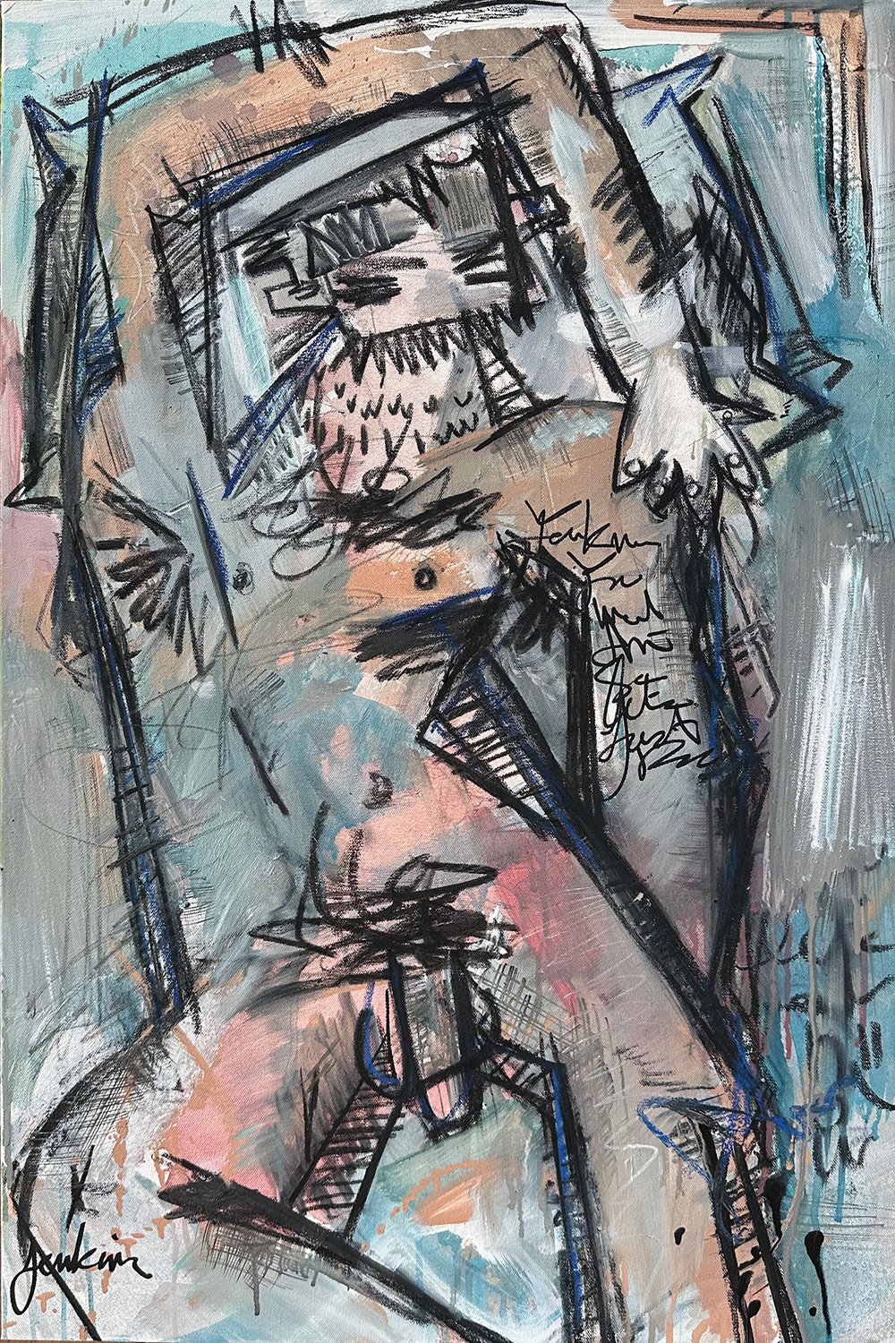 An expressive contemporary abstract art painting by Joshua Jenkins of a single male nude figure sleeping in bed, with graffiti like textures throughout.