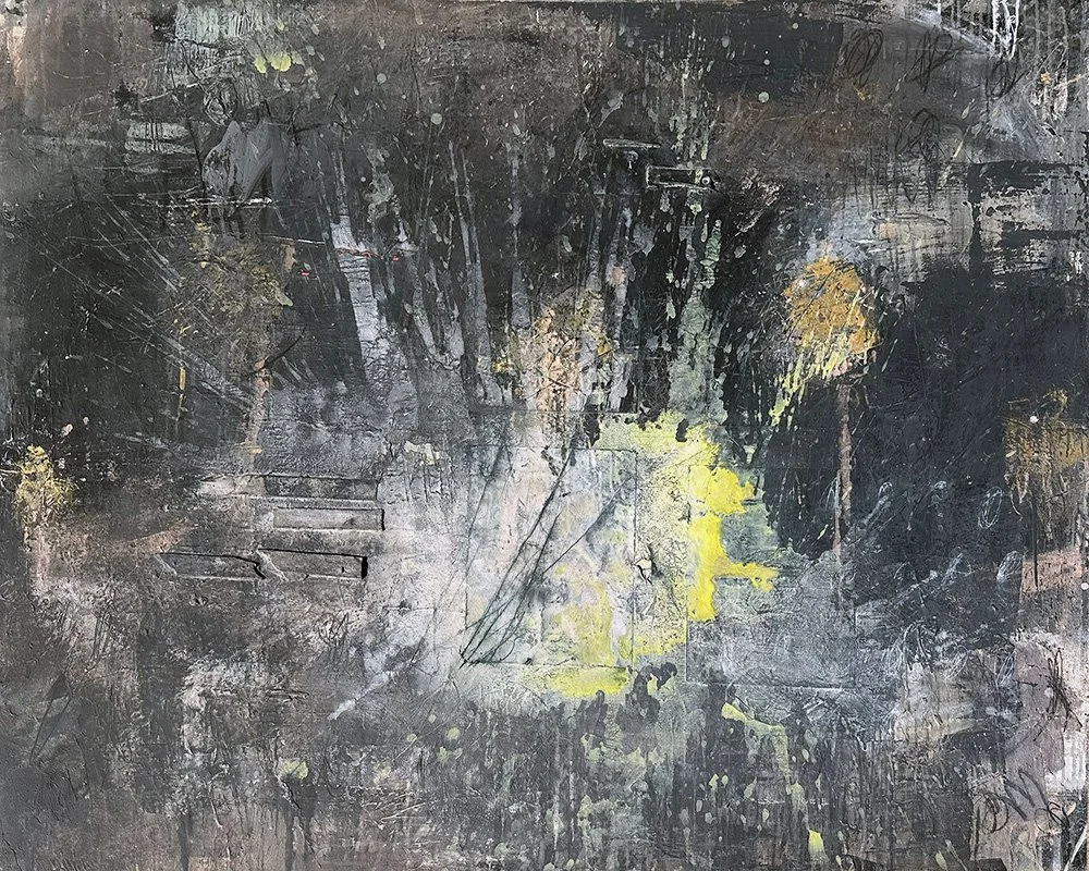 An expressive contemporary abstract art painting by Joshua Jenkins with masculine palette and textures inspired y urban decay, stains, and textures