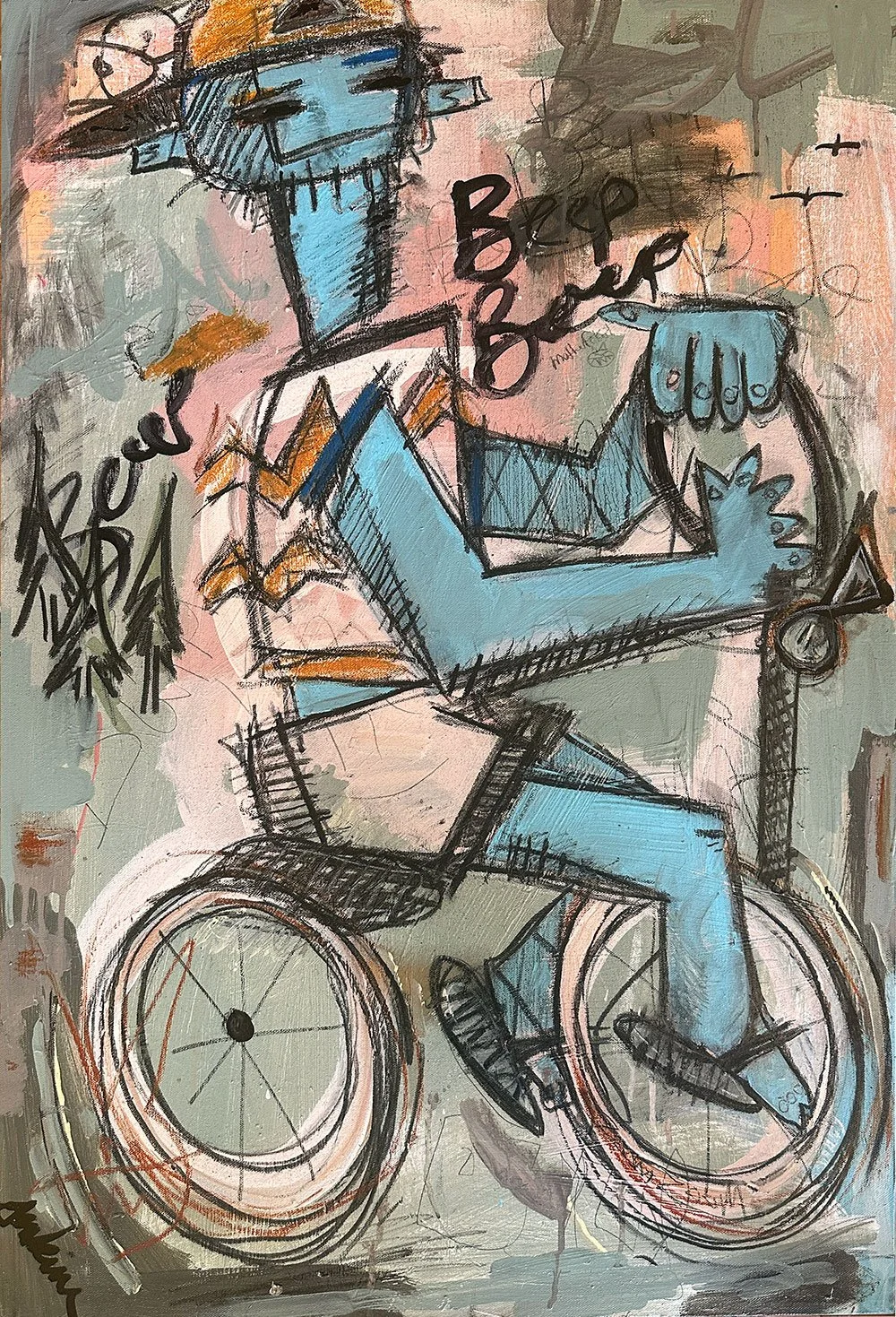 An expressive art painting by Joshua Jenkins of a figure riding a bike, graffiti-like textures and bold colors throughout.