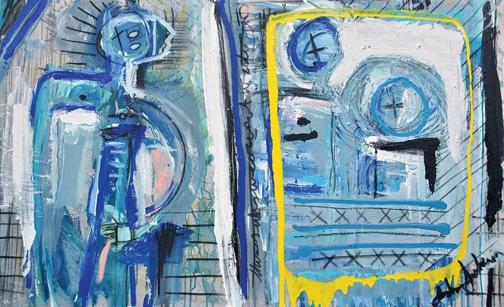 Abstract painting with blue, white, black, green, pink, and yellow brushstrokes, featuring geometric shapes like circles, squares, and lines.