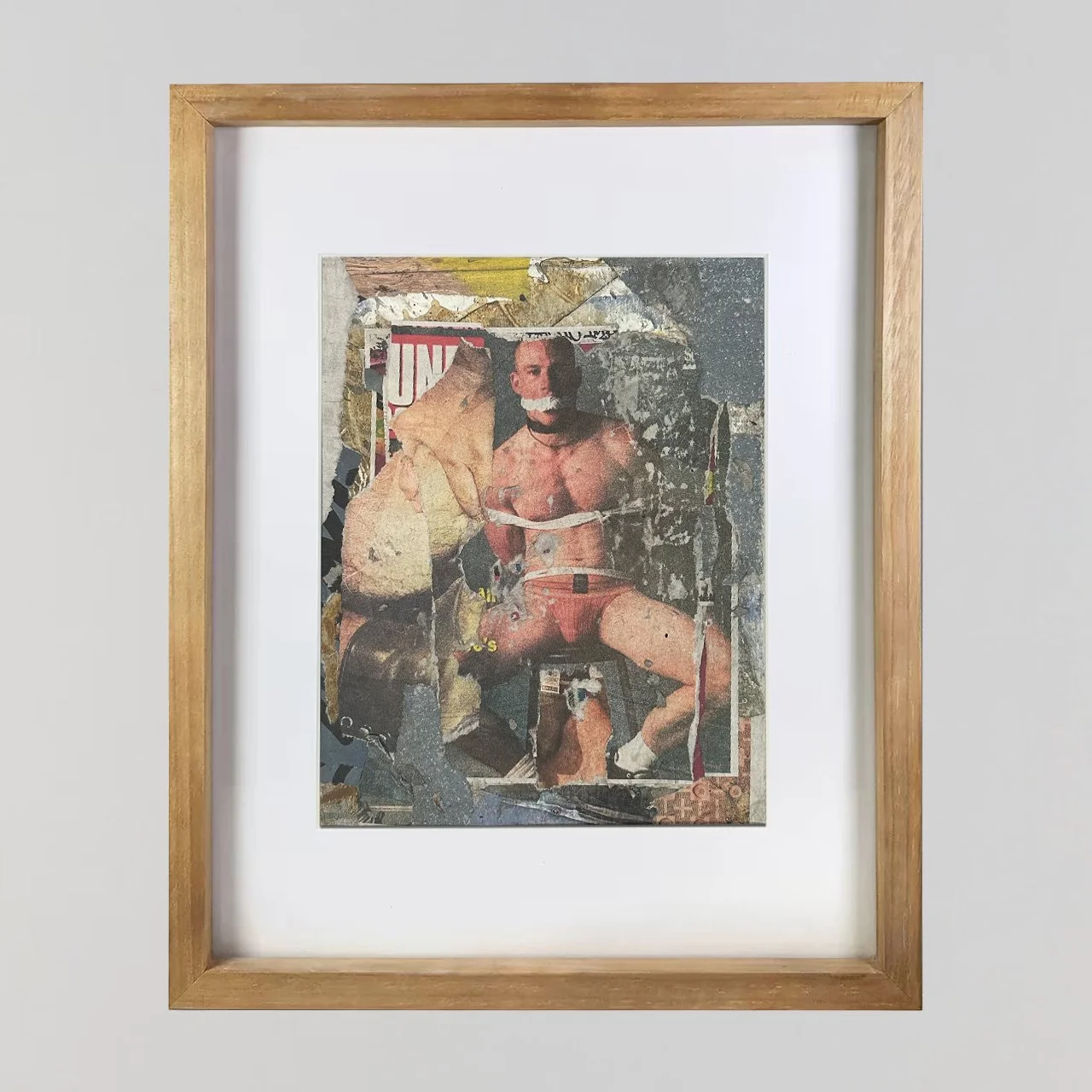 An contemporary mixed media collage by Joshua Jenkins of gay masculine themes inspired by urban decay, bondage sexual gay acts.