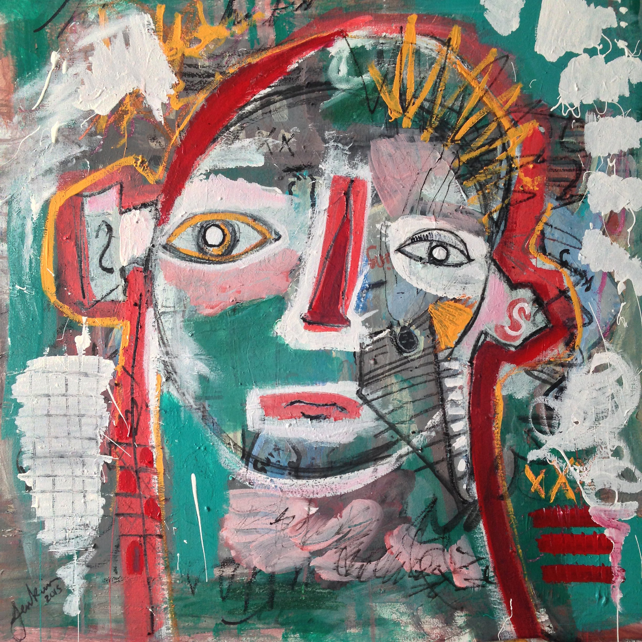a fun and colorful portrait of a mans face with pop art an expressionist influences. created by contemporary artist joshua jenkins.