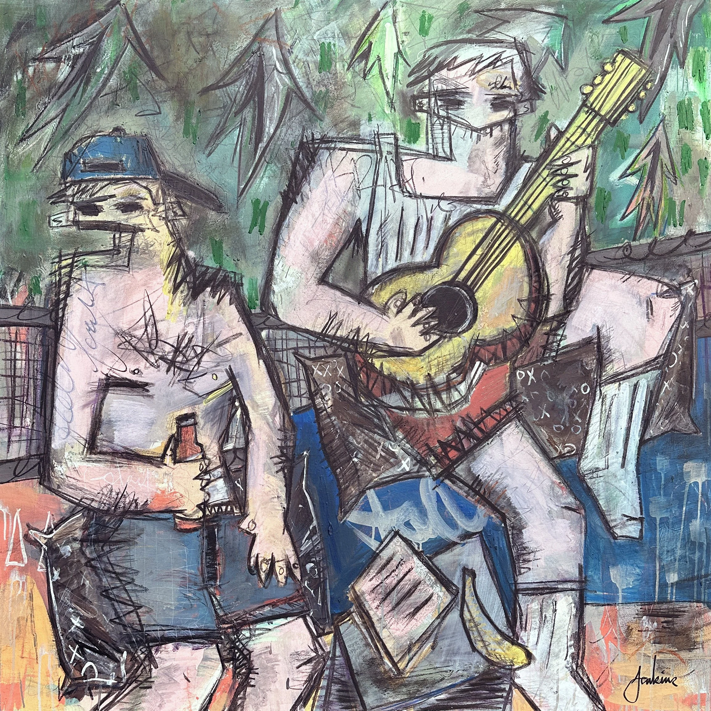 An expressive contemporary art painting by Joshua Jenkins of two figures inspired by the painting by Henri Matisse, graffiti-like textures and bold colors throughout.