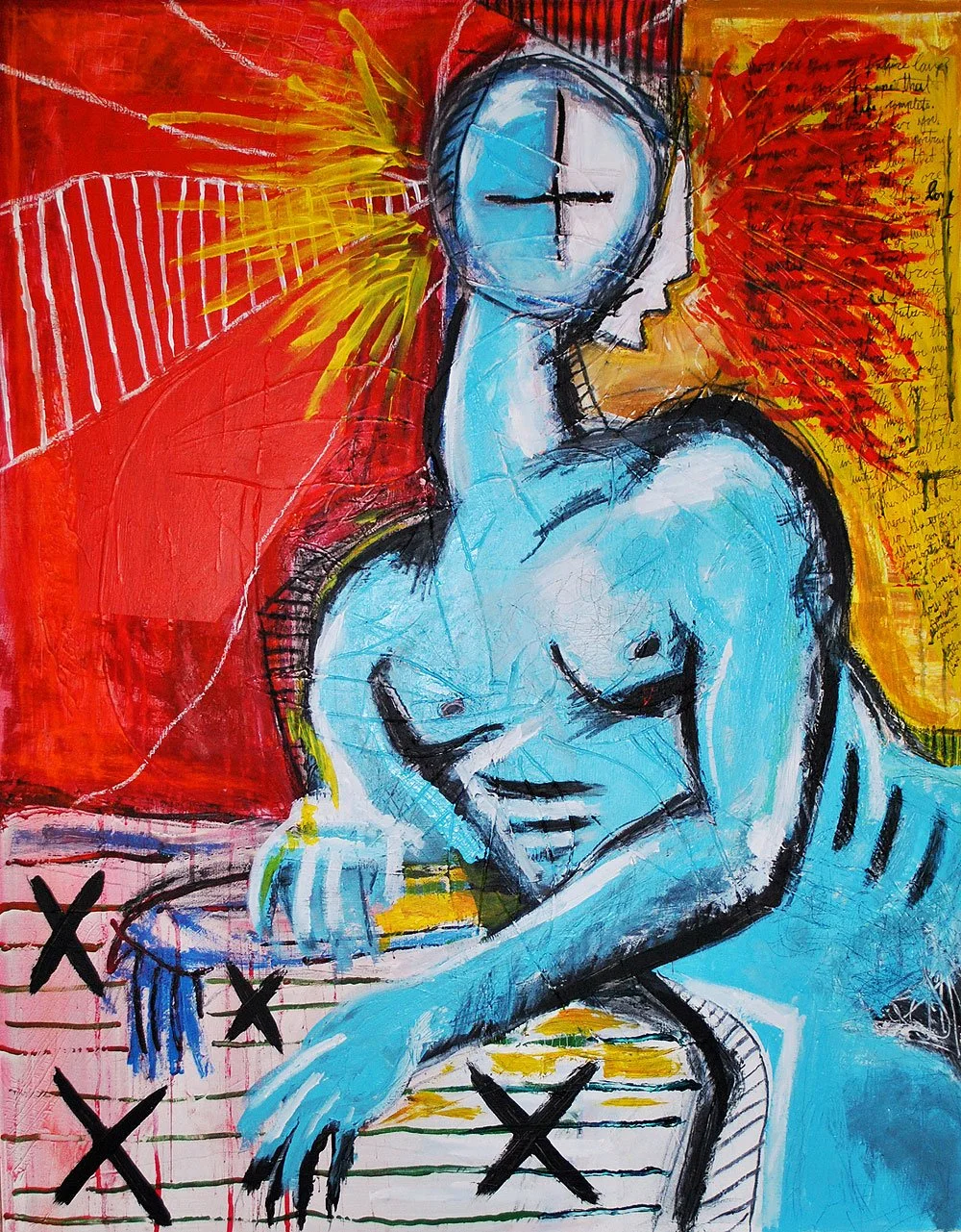 An abstract painting of a blue-skinned figure with crossed eyes and a divided face, holding a headless, nude female figure, against a vibrant red, yellow, and orange background with scribbled text.