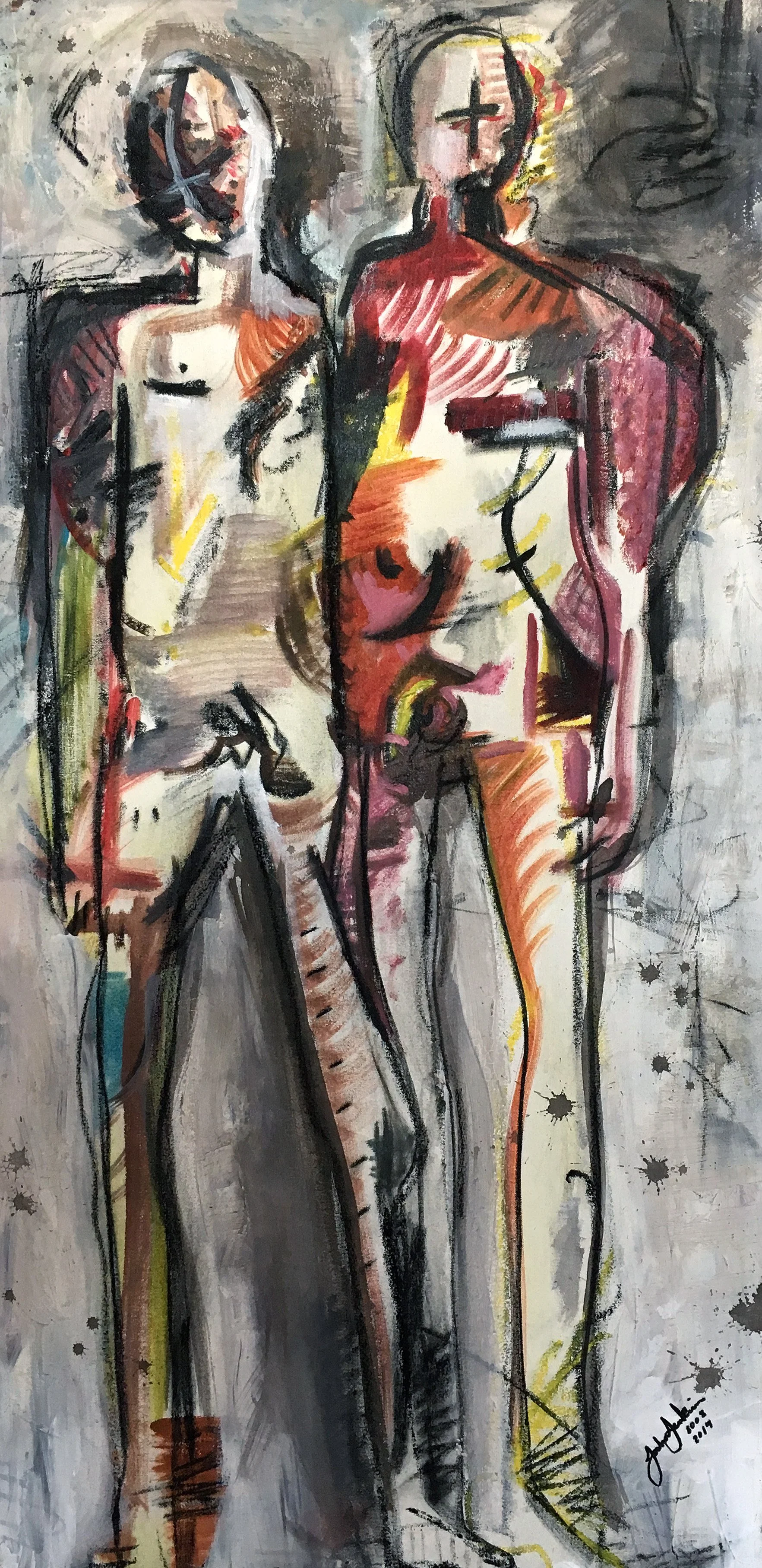 An abstract painting of two male figures standing in the nude. Created by artist joshua jenkins.