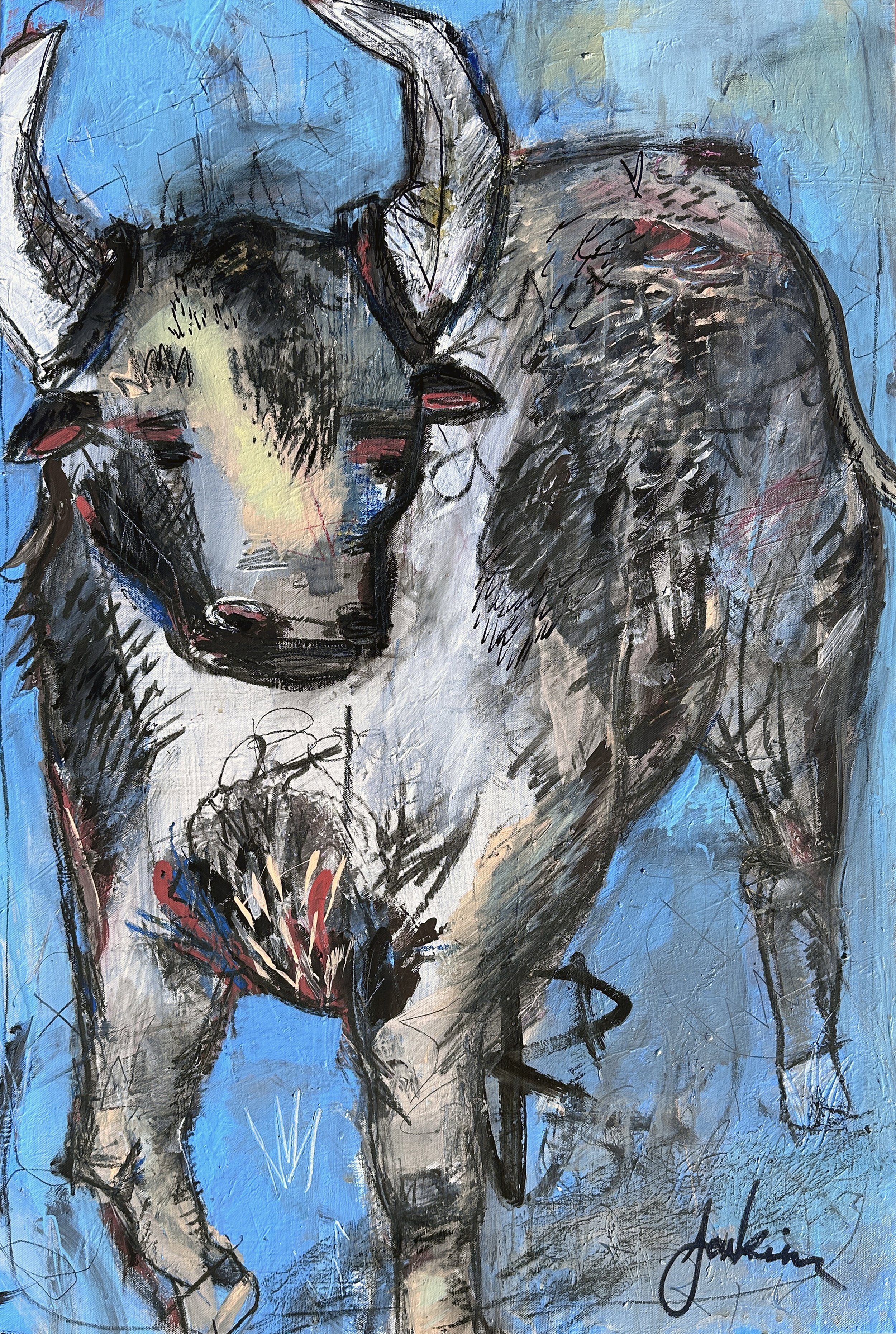 An expressive contemporary abstract art painting by Joshua Jenkins of a bull lie figure, street art inspired texture, and blue background.
