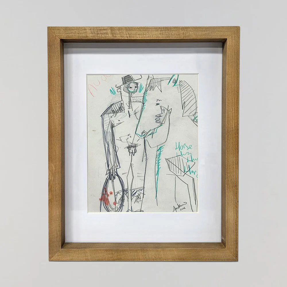 An contemporary abstract drawing by Joshua Jenkins of a portrait of a naked cowboy and his horse.