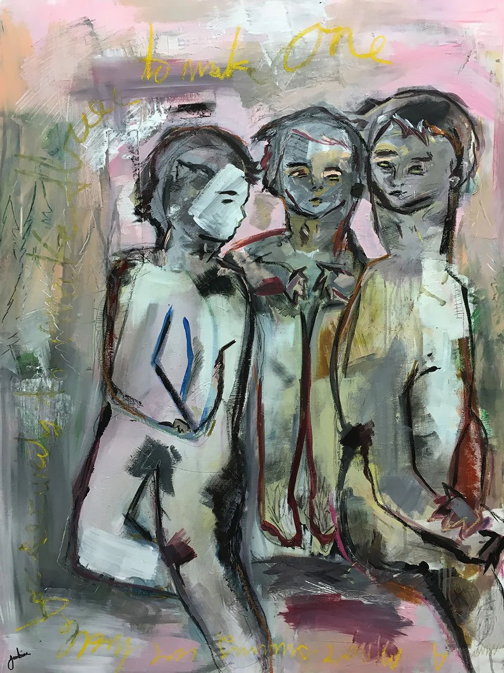 An contemporary abstract painting by Joshua Jenkins of three grey nude male figures, expressive graffiti like inspired background.