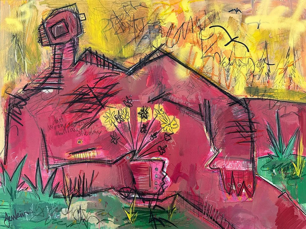 An expressive brut art styled painting by Joshua Jenkins of a red nude figure laying in the grass while holding flowers with graffiti textures and colorful tones throughout.