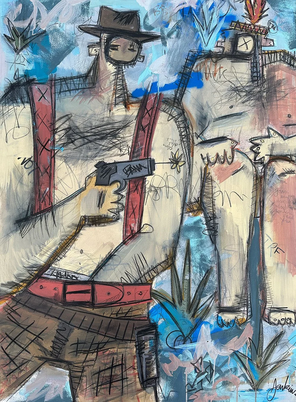 Sitting-On-An-Edge-With-A-Friend_joshua-jenkins-art  An expressive art painting by Joshua Jenkins of two cartoonish like figures posing, one with a fake gun with hands in pants, graffiti-like textures, and bold blue background.