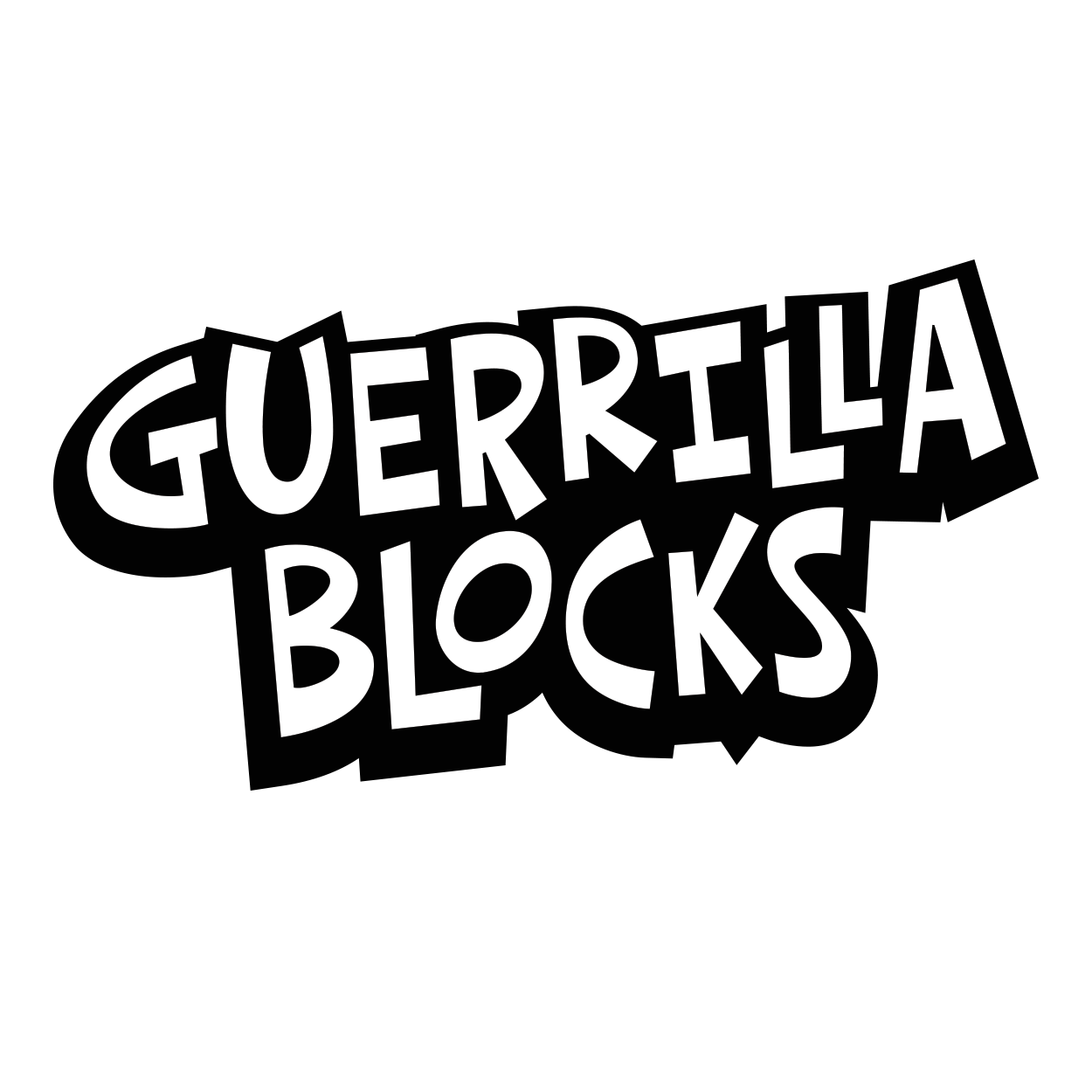 Black background with white text that says 'GUERRILLA BLOCKS' in a bold, irregular font.