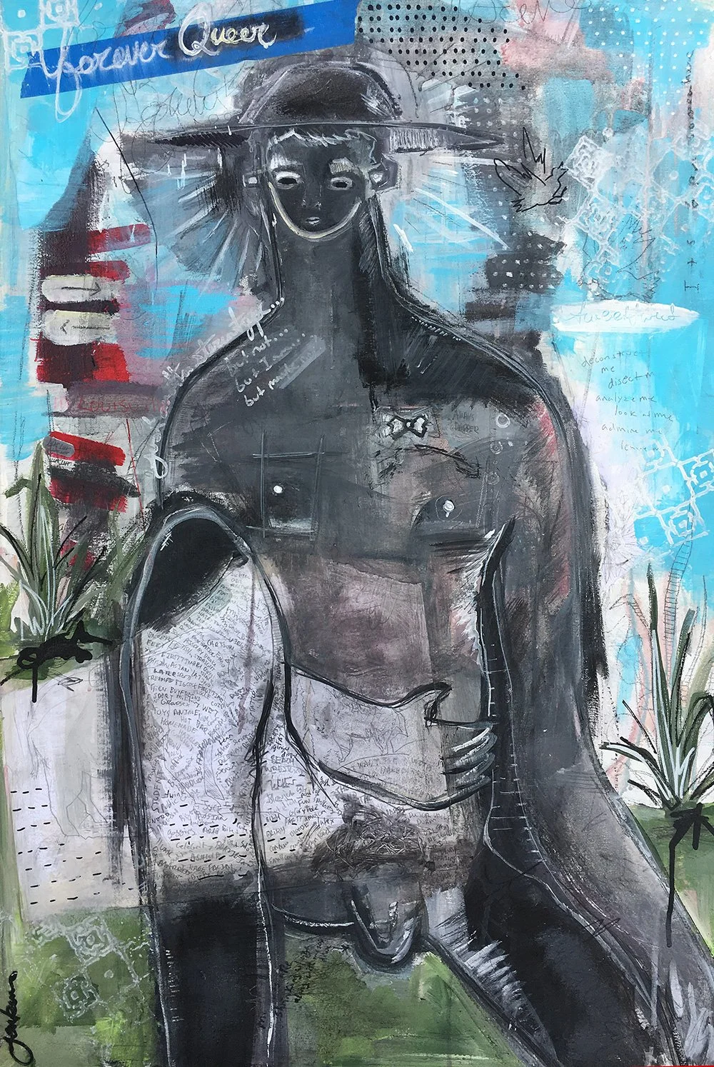 An abstract mixed media artwork of a partially nude figure with a hat, set against a background of blue and gray hues, decorated with sketches, writing, and plants on the sides.