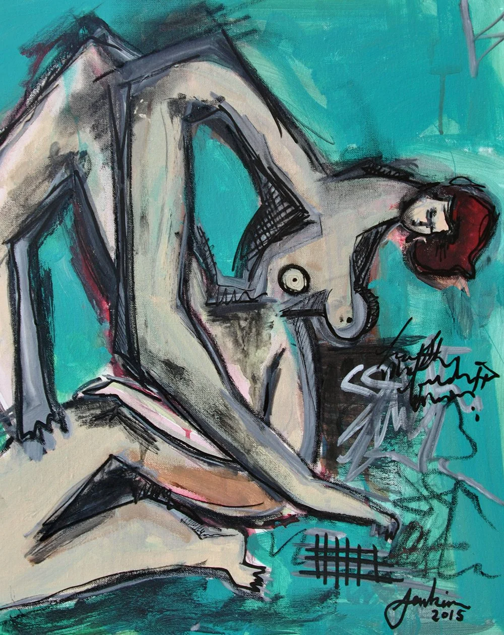 An abstract painting of a nude woman with red hair, positioned in a reclining pose with her head turned to the side. The background is primarily teal.
