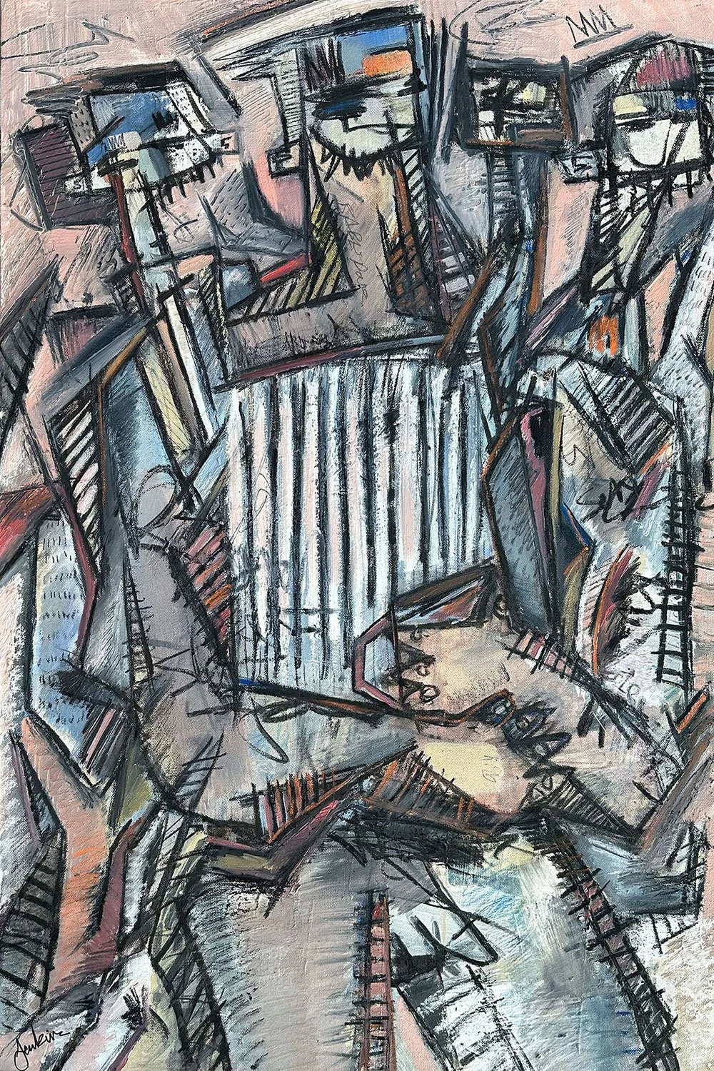 An expressive contemporary abstract art painting by Joshua Jenkins of a figure drinking coffee, inspired by cubism movement.