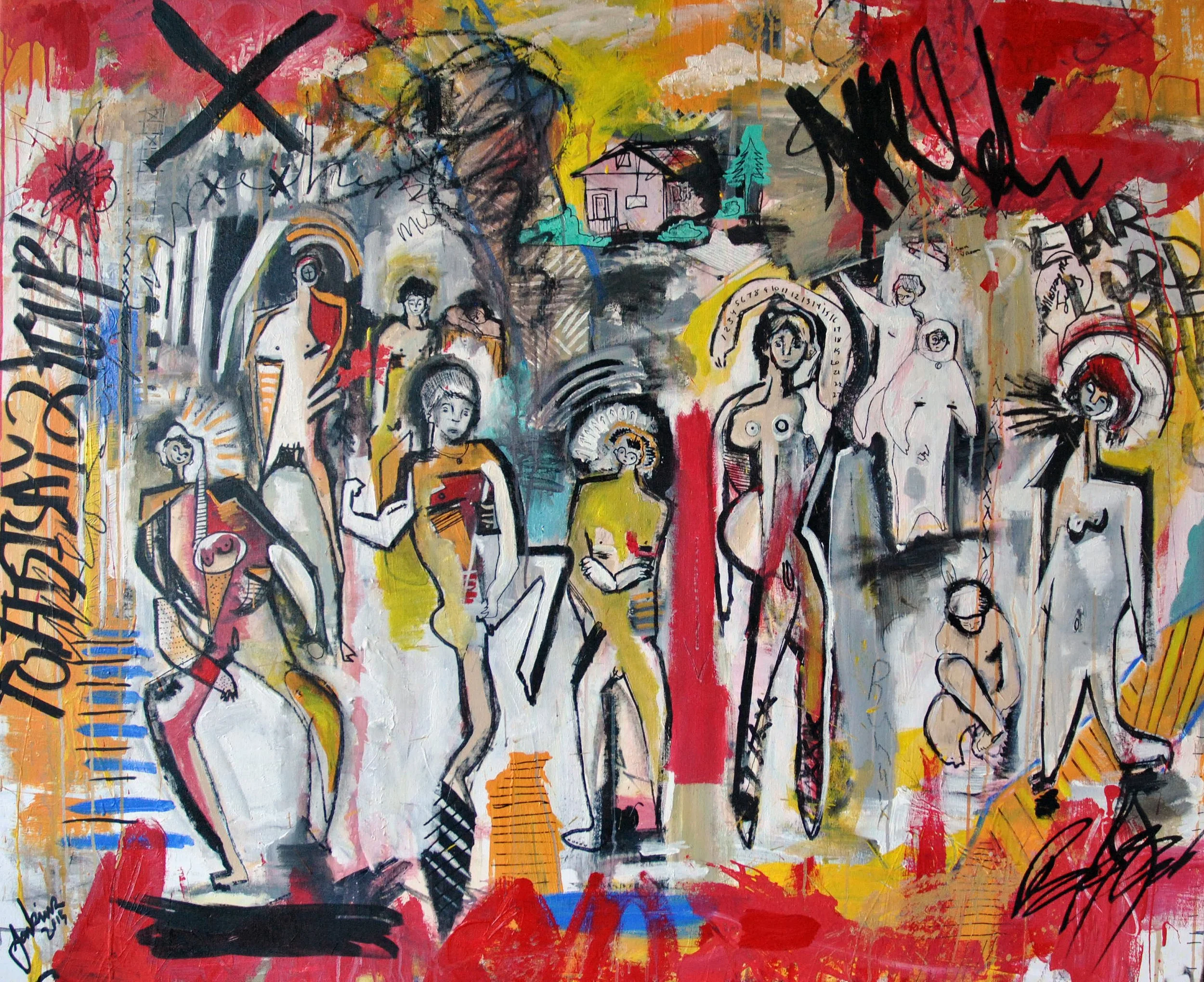 an abstract painting with vibrant colors and multiple children like figures
