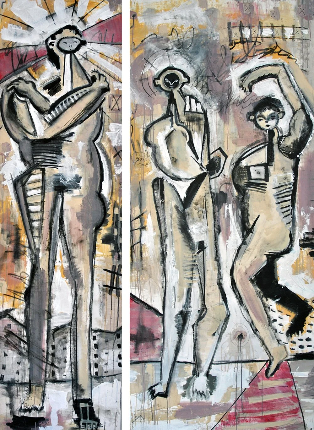 Abstract artwork depicting three elongated, stylized human figures with expressive, sketchy lines and mixed media brushstrokes in shades of black, white, beige, and pink.