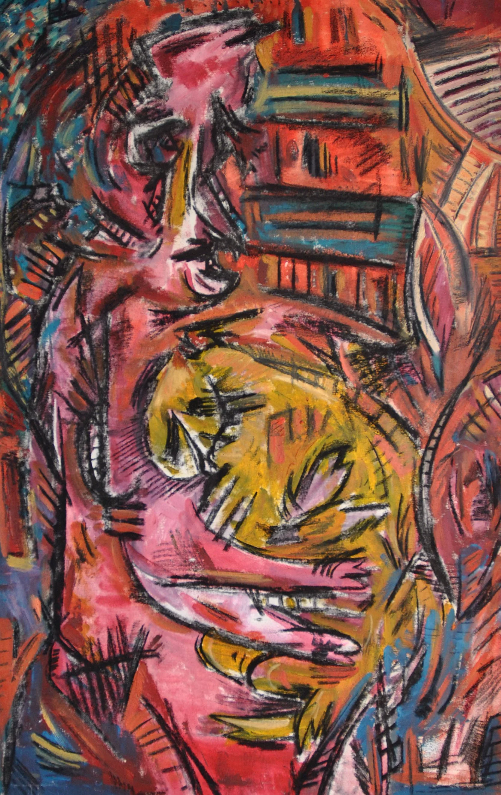 an abstract painting with pink and yellow of a figure holding a cat like animal