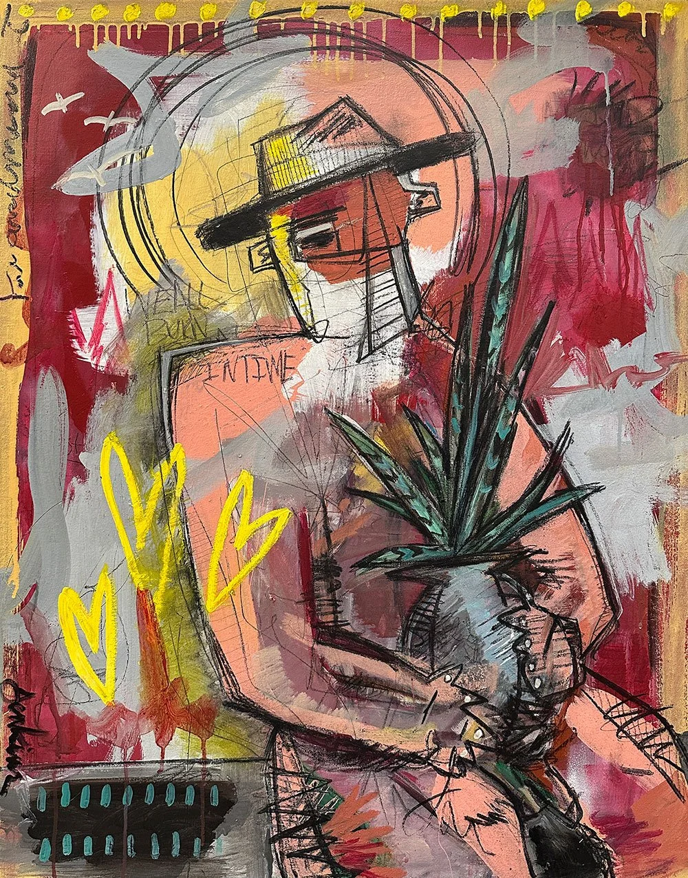 An expressive brut art painting by Joshua Jenkins of an abstract nude male figure holding a vase with a snake plant, graffiti-like textures and bold colors throughout.