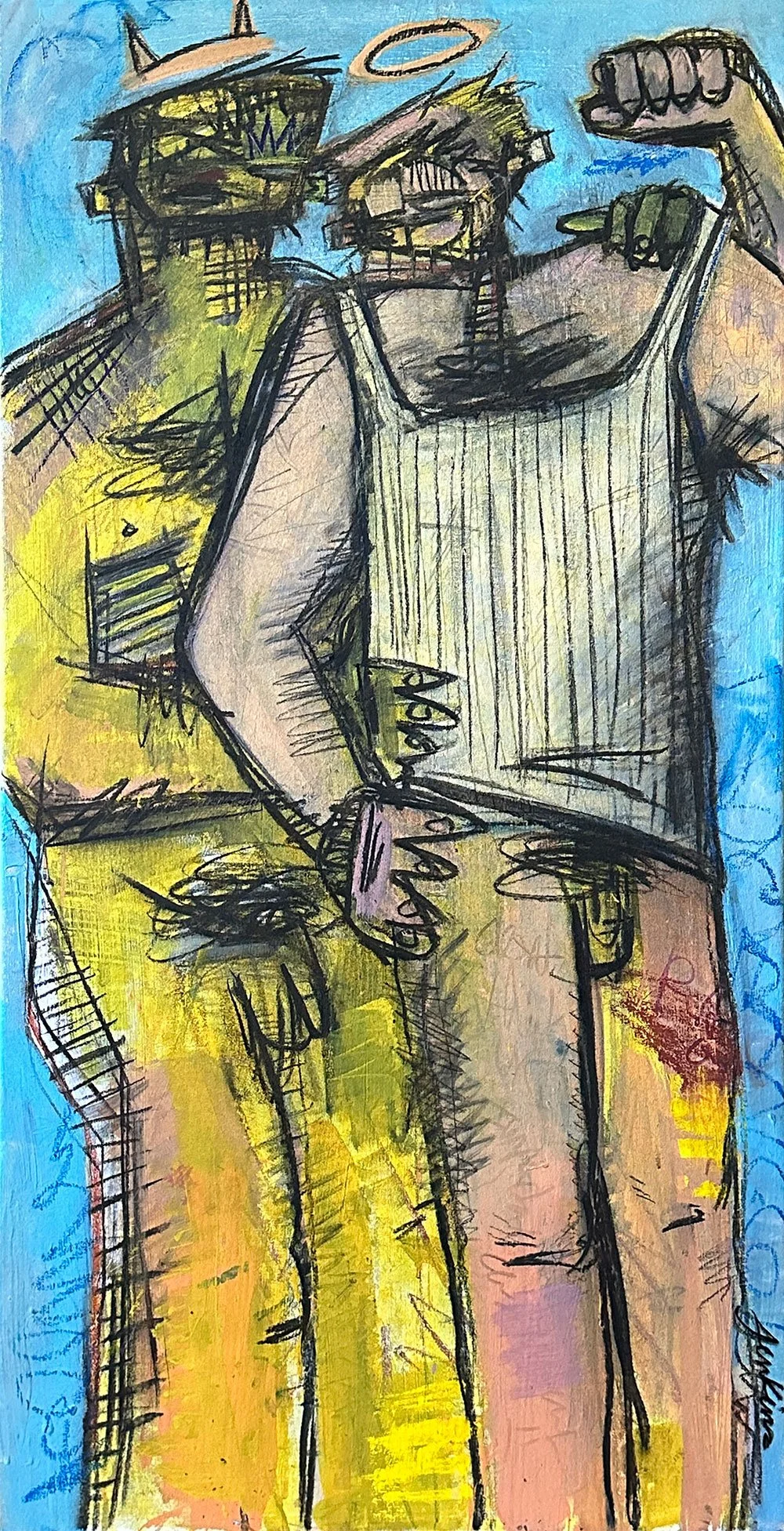 An expressive art painting by Joshua Jenkins of a two nude figures embracing one another one a devil and one an angel, graffiti-like textures and bold blue & yellow colors throughout.