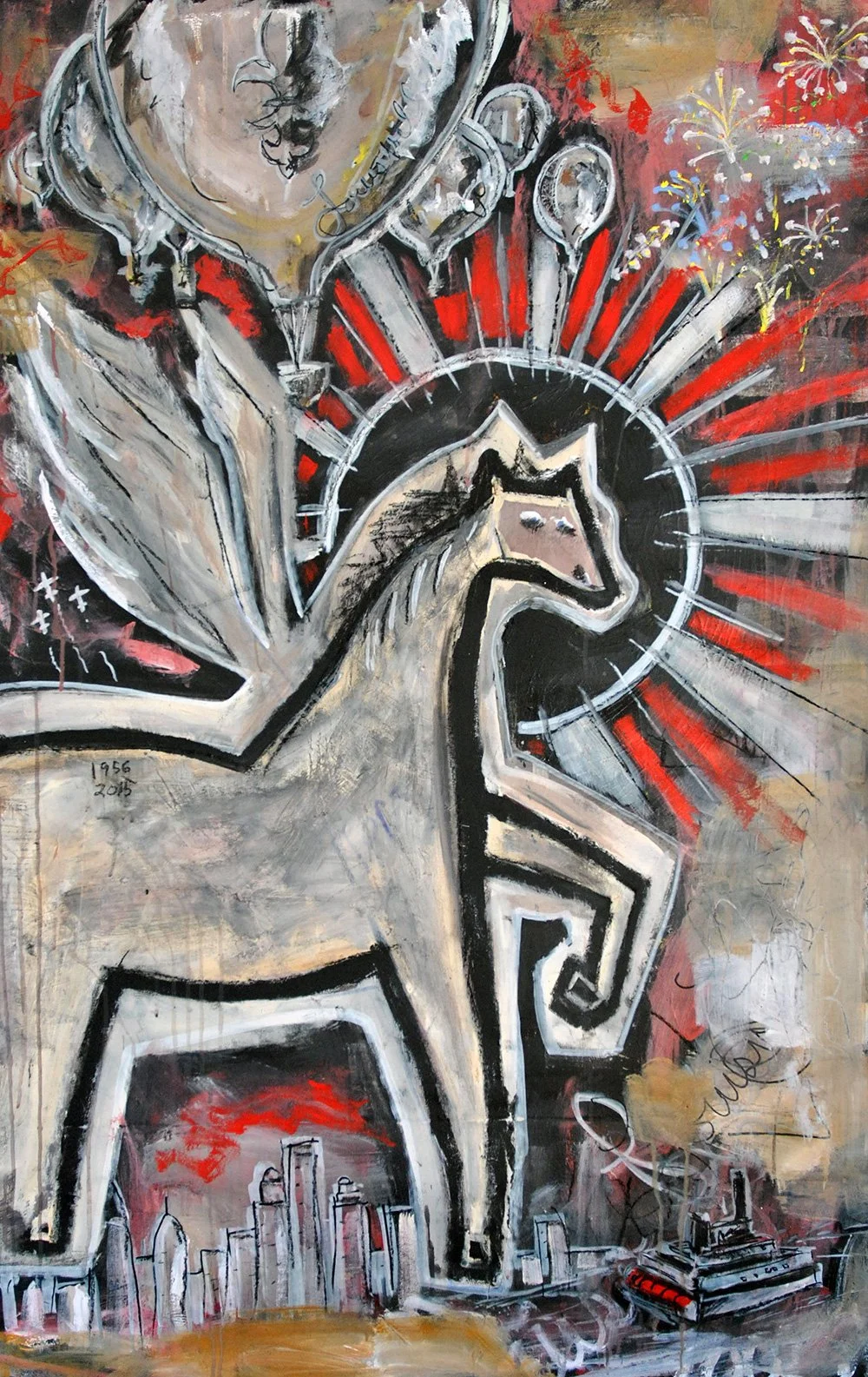 Abstract painting featuring a stylized horse, a clock with red rays, a dog, fireworks, and a cityscape at the bottom, with mixed colors of black, white, red, and beige.